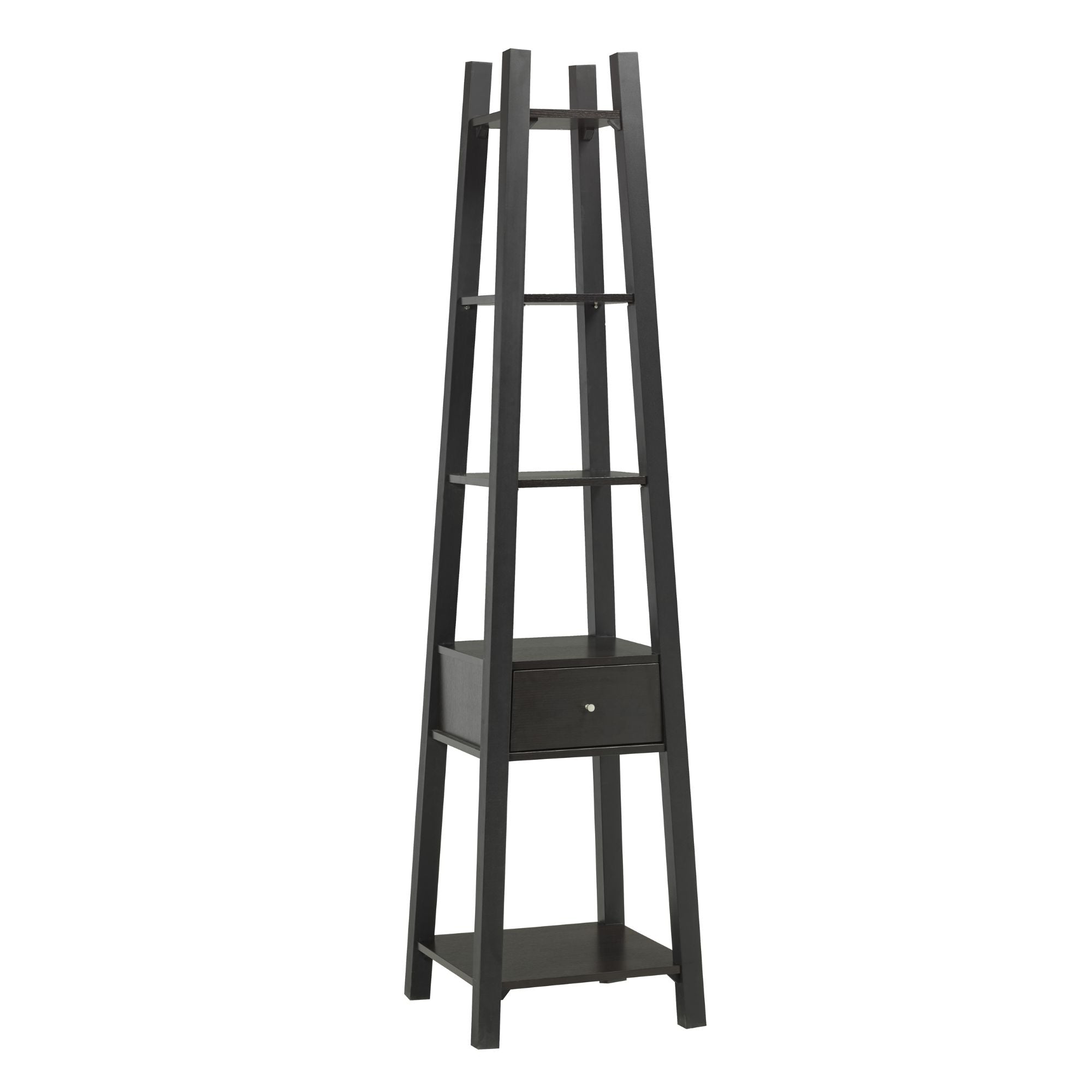 Modern Brassex ladder display bookcase with open shelves and a drawer, featuring a sleek wooden finish for stylish storage.
