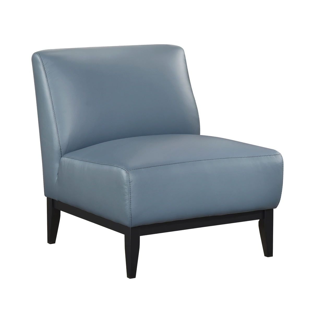 Light blue leather Houghton Slipper Chair by MAZ, showcasing its sleek accent chair design with cushioned seat and modern style.