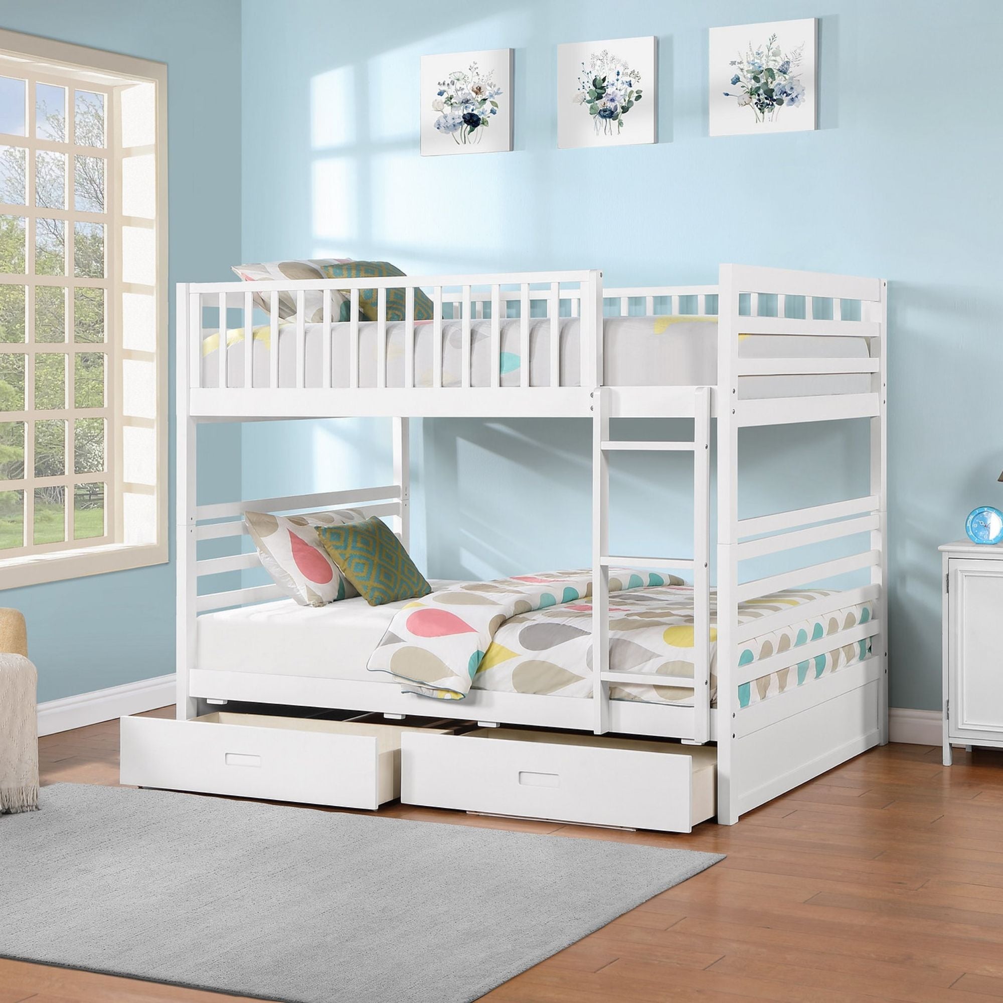 White Summit Collection double bunk bed by IFF with sturdy wooden frame and two stacked sleeping areas.