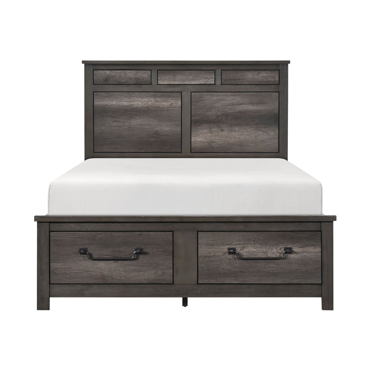 Gray-brown Lenior Collection bed by MAZ featuring a modern upholstered design and sturdy wooden legs.