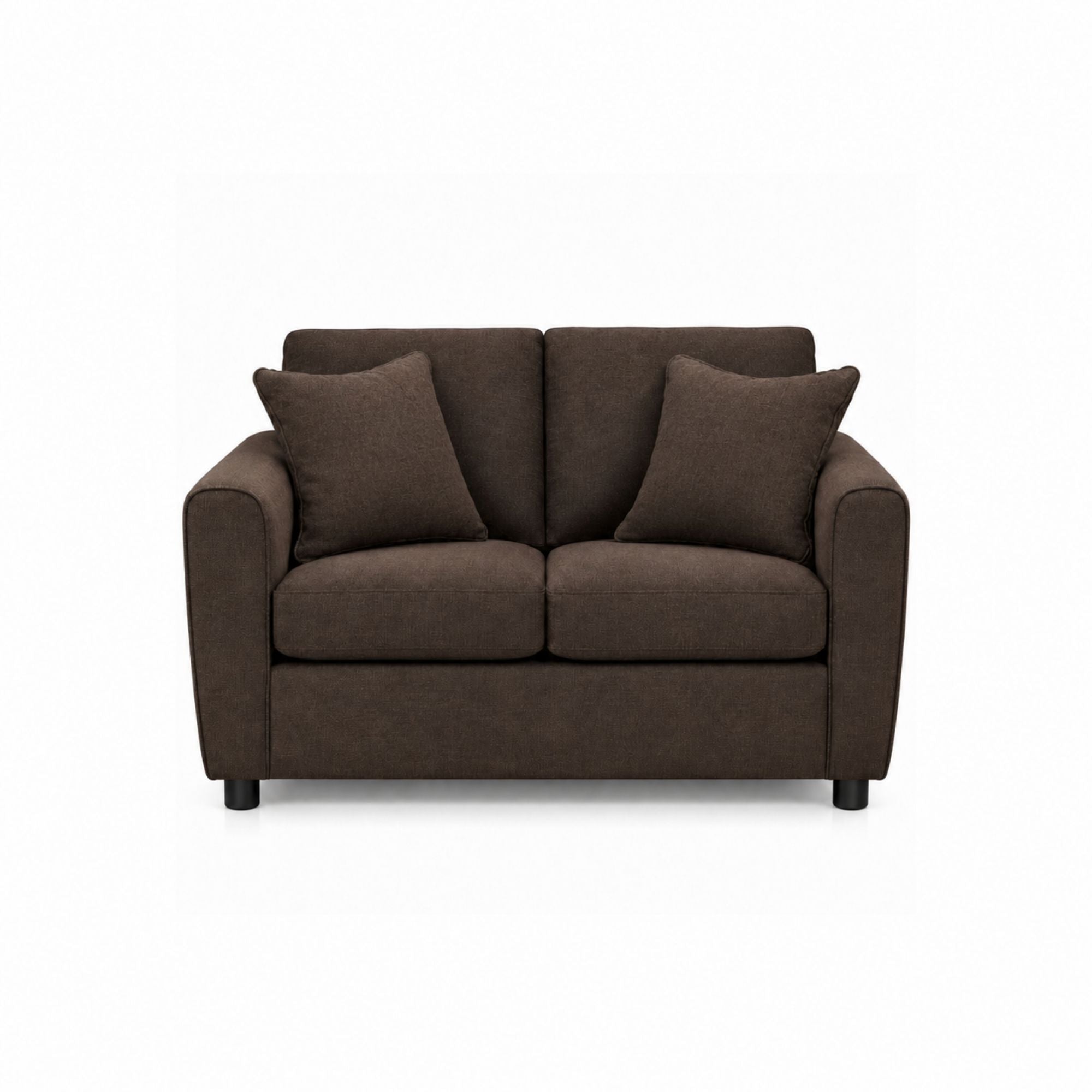 Canadian-made Kingston sofa set in rich chocolate fabric, featuring plush cushions and modern design in a stylish living room setup.