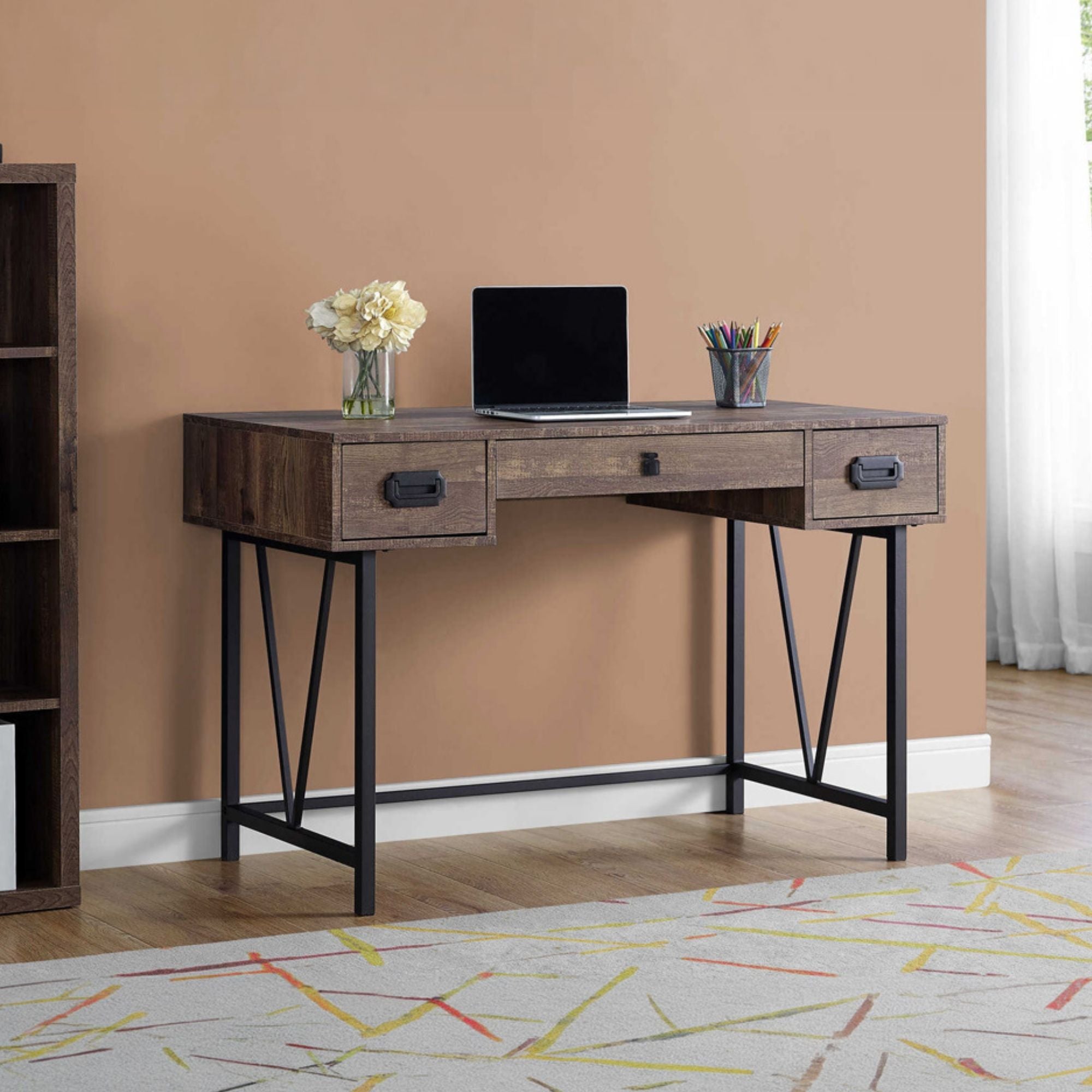 Brown Virella 48-inch Monarch Specialties office desk with a sleek, modern design and sturdy wood finish.