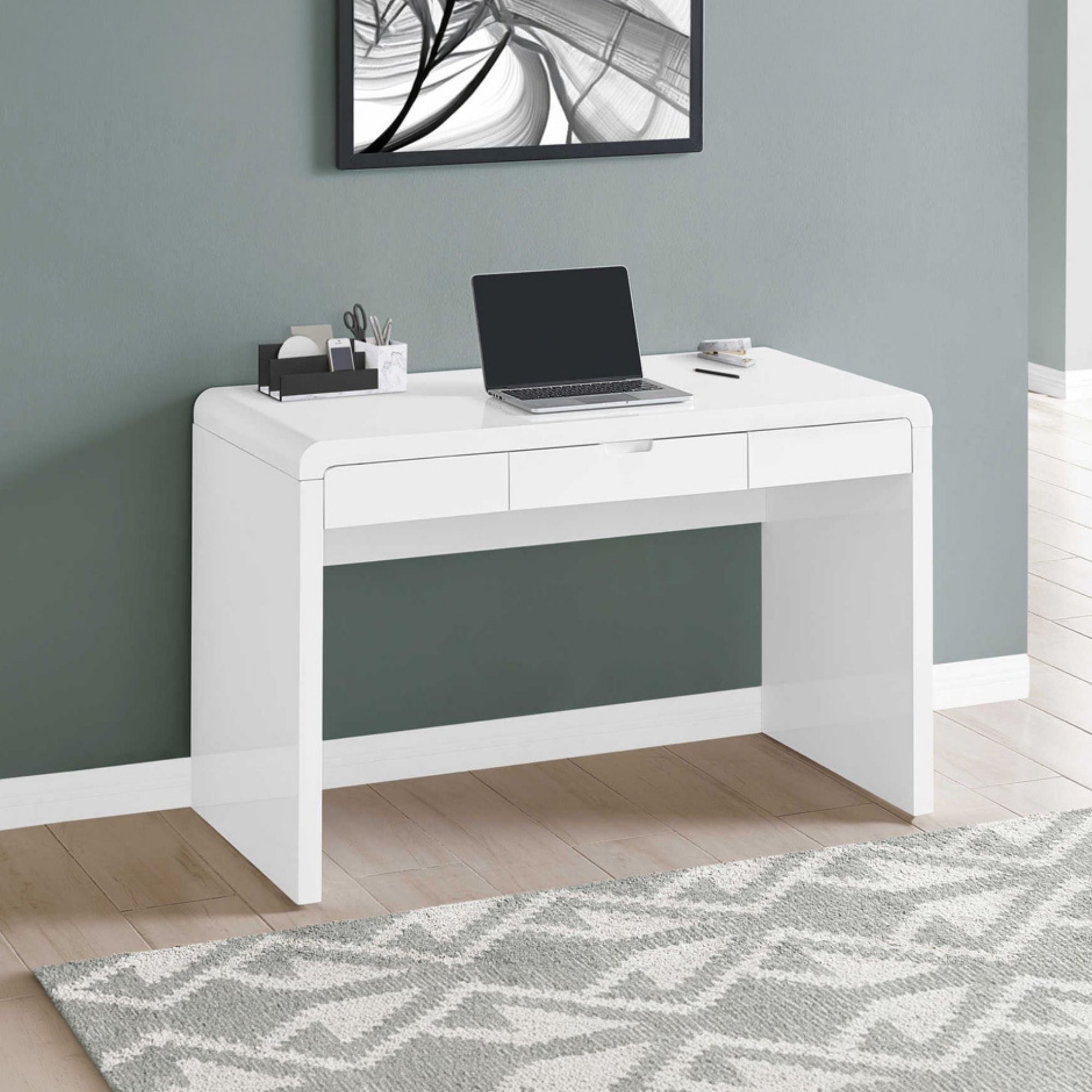 Glossy white 48" Taskora computer desk by Monarch Specialties, featuring a sleek design for modern office spaces.
