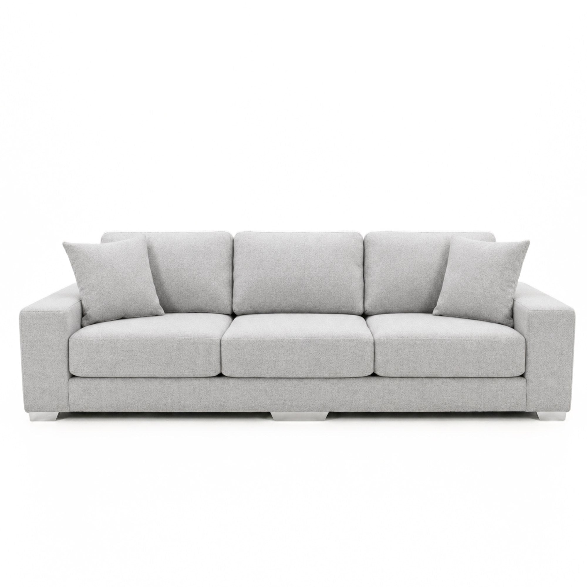 A light grey Canadian-made sofa with chrome legs, stylish and comfortable, from A.C. sofas collection.