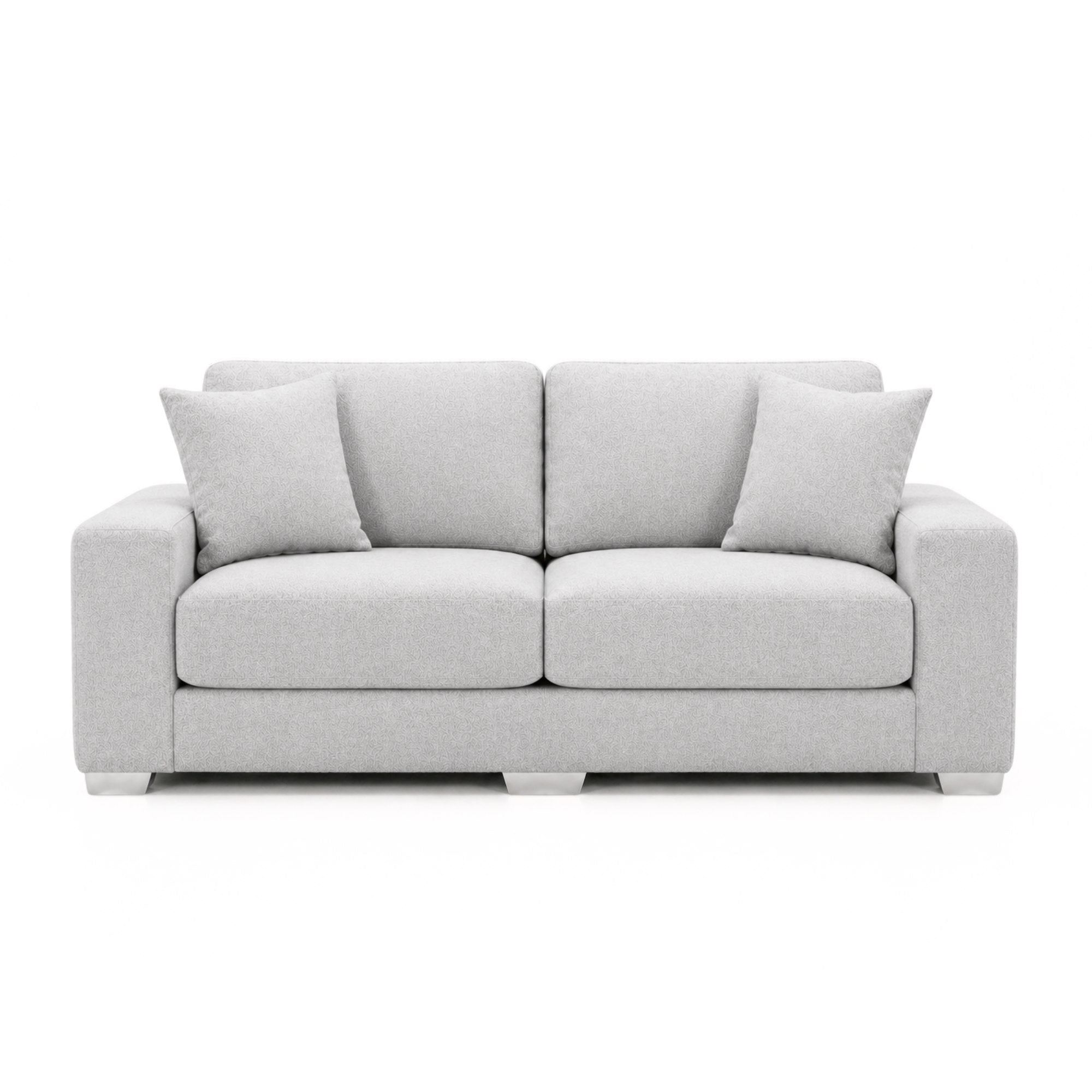 Light grey Canadian-made loveseat with chrome legs, stylish and comfortable A.C. brand sofa for modern living spaces.
