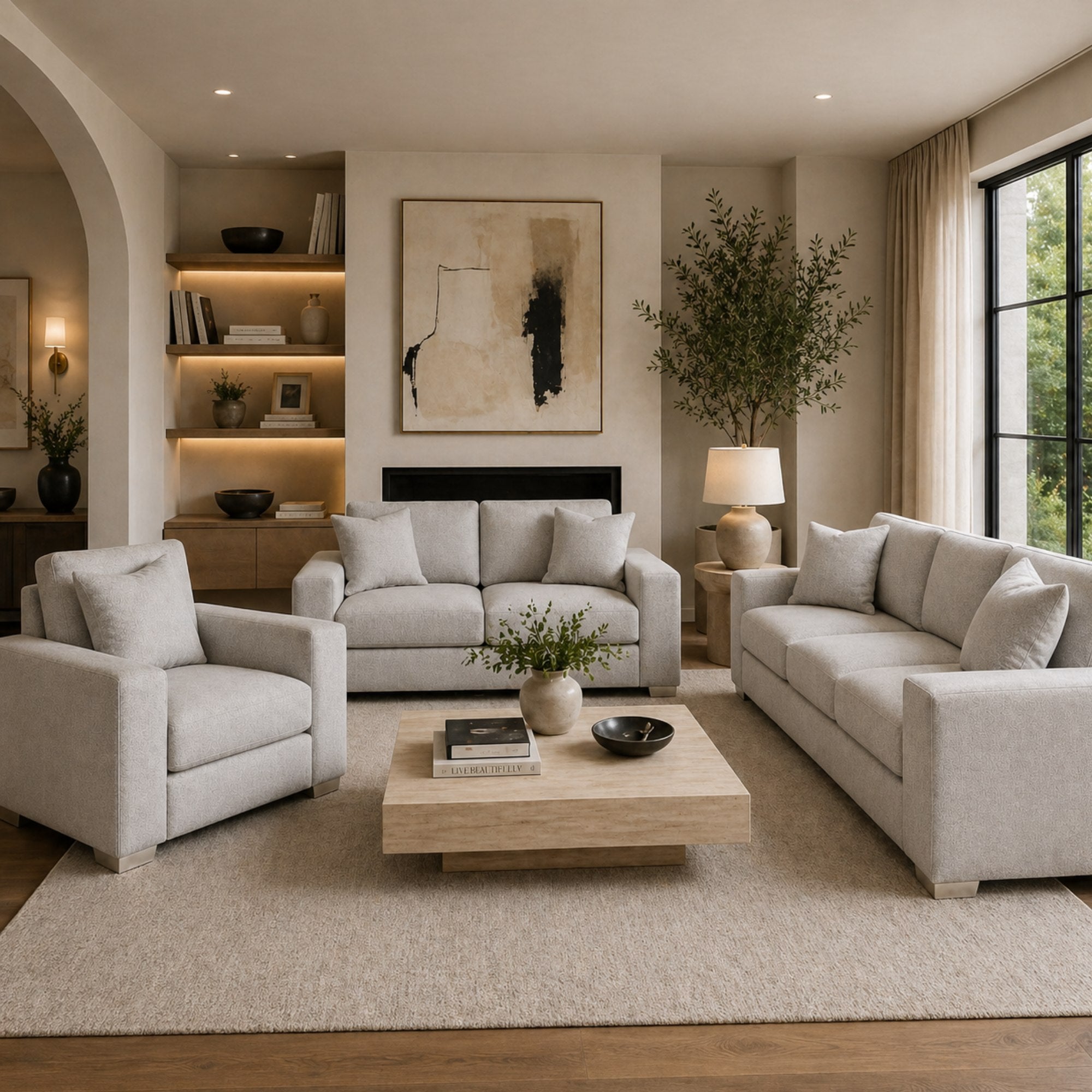 A.C. Canadian made light grey sofa set with chrome legs, featuring plush cushions and modern design.