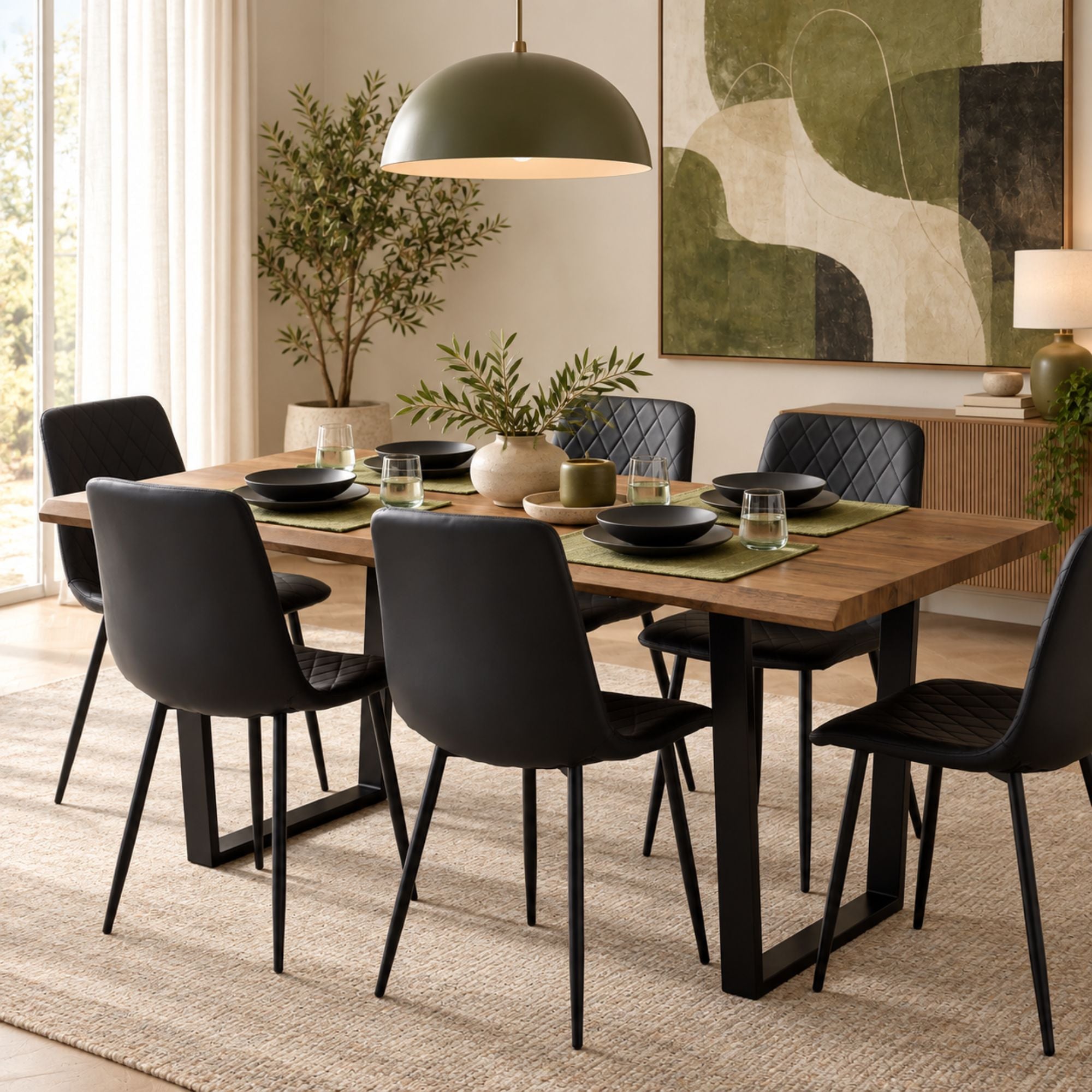 Natural Dining Set with Black Faux Leather Chairs