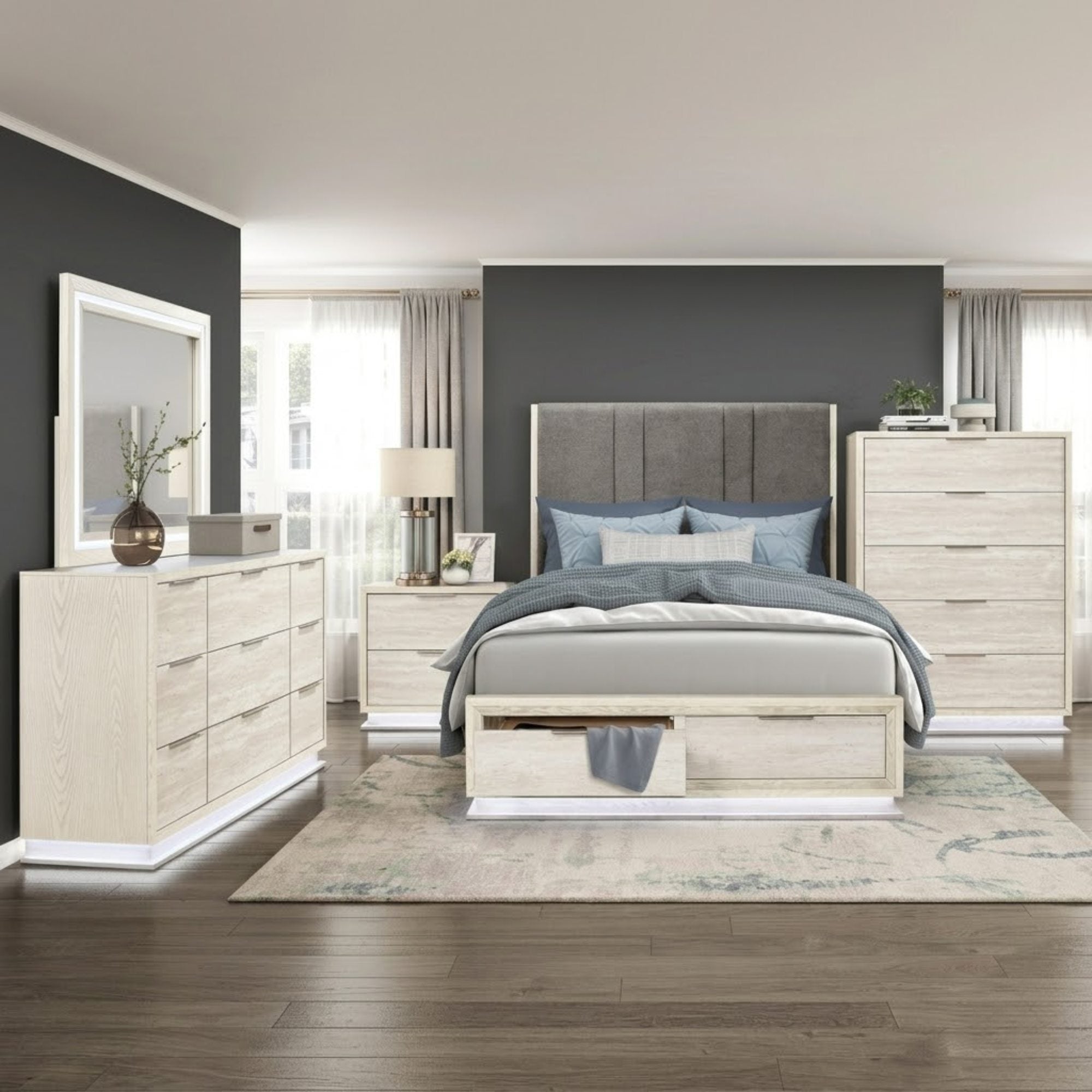 MAZ Noctis bedroom set featuring modern bedroom furniture with a sleek bed frame and matching nightstands in a contemporary design.