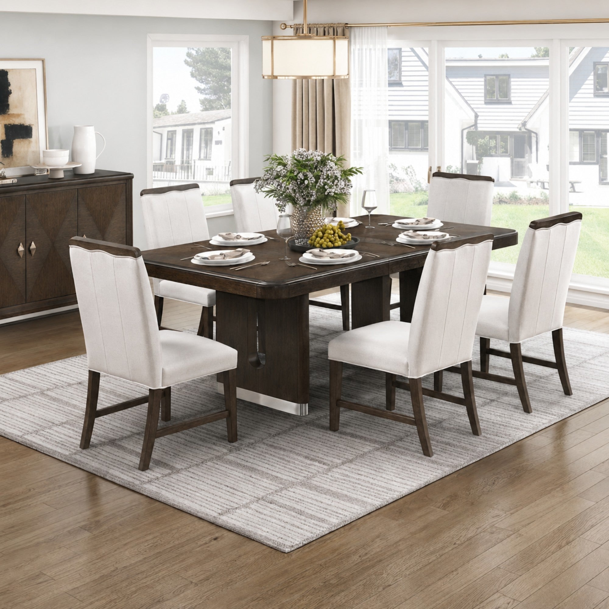 MAZ Clara Collection dining room set with a table and matching chairs, elegant wood finish, and modern design for dining space.