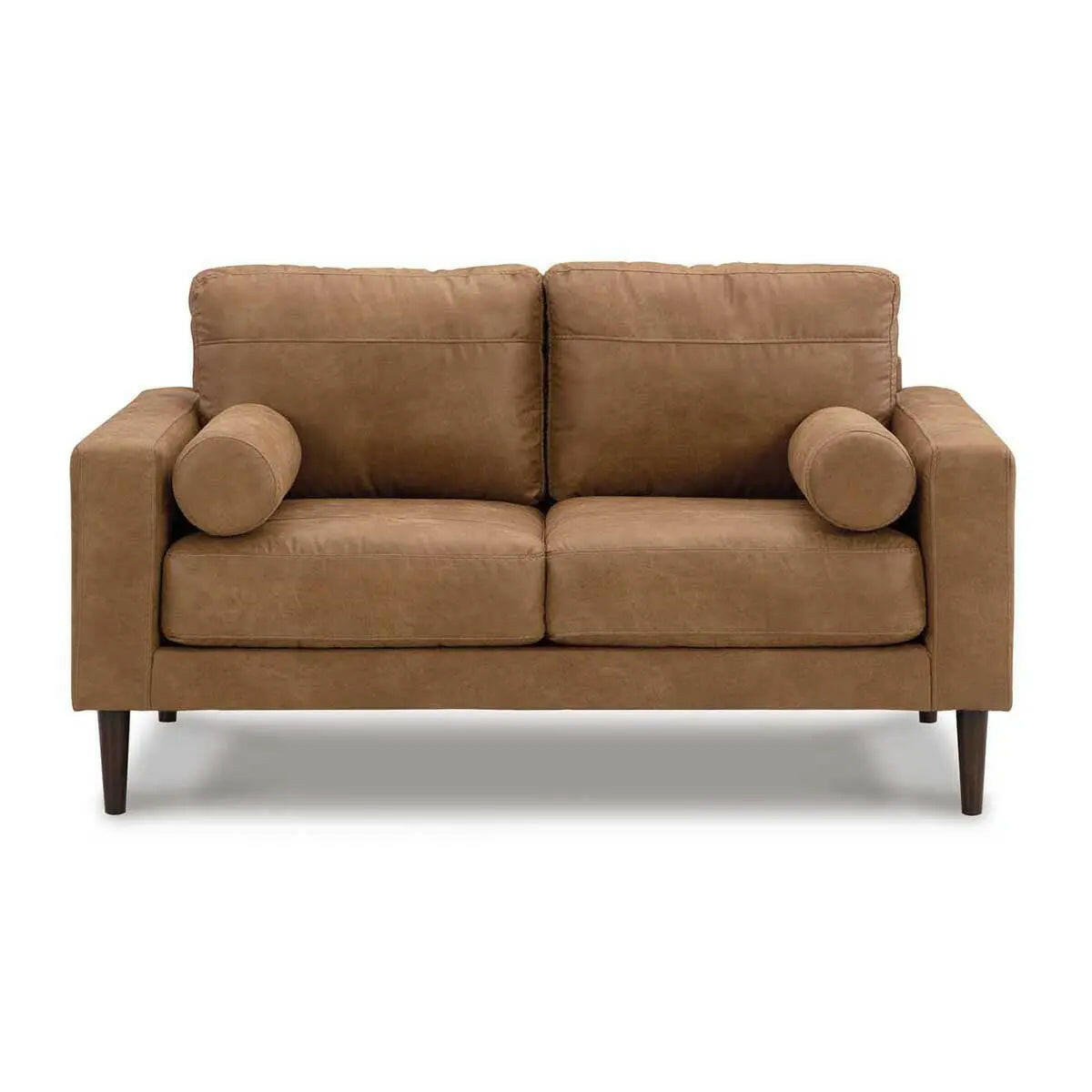 Ashley Telora caramel loveseat from Signature Design by Ashley, showcasing plush fabric and cozy seating in a living room setting.