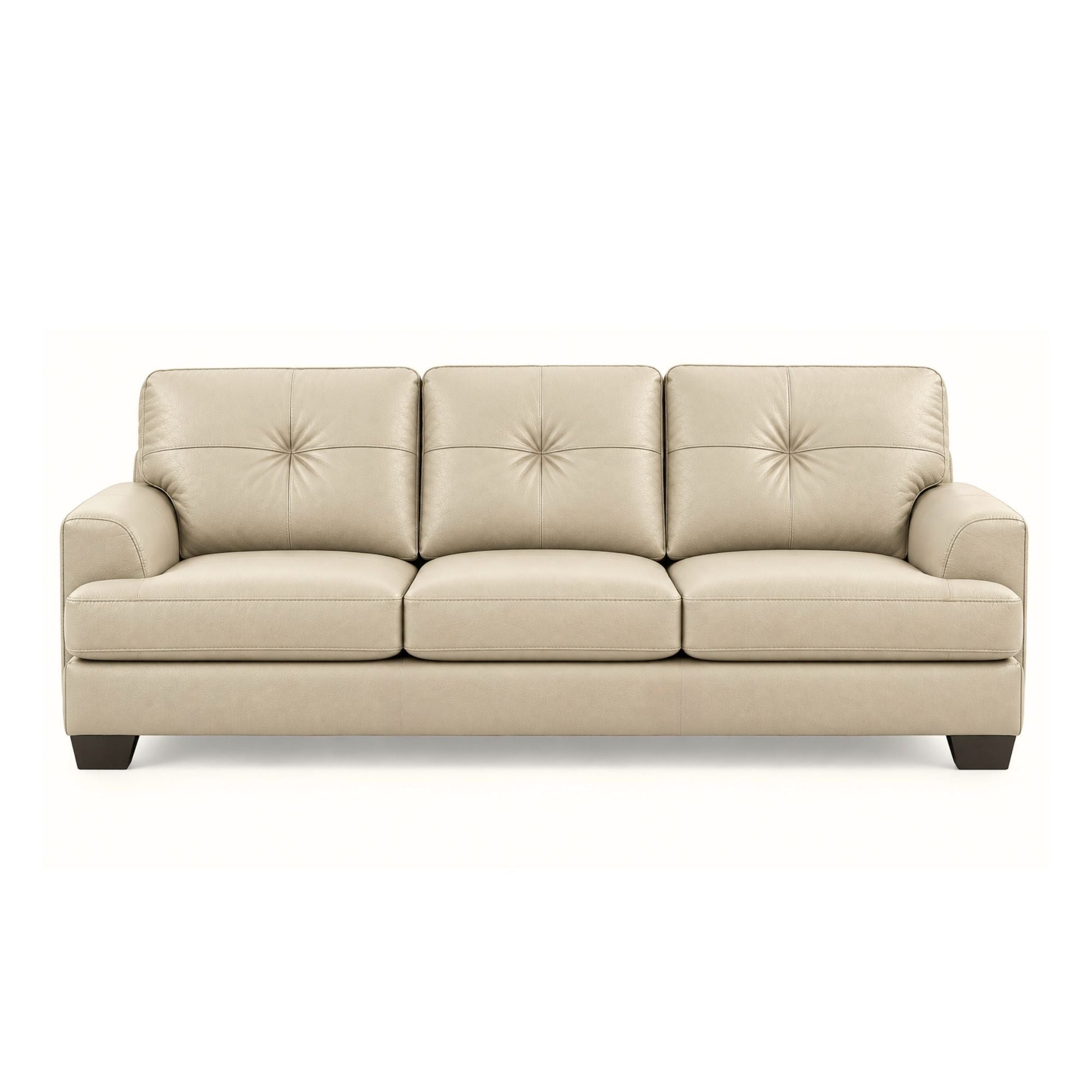 Canadian-made Wilson leather sofa by Fancy in beige, featuring plush cushions and sleek armrests in a modern living room setting.