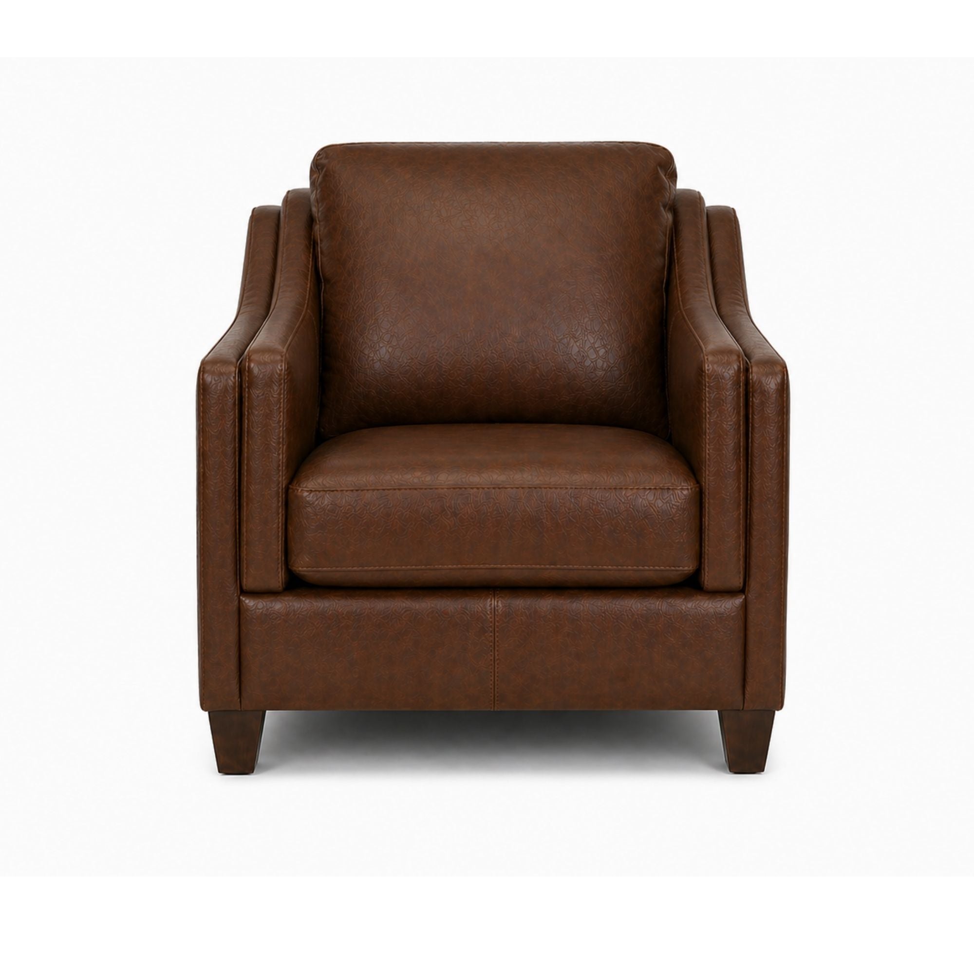 A Canadian-made brown leather accent chair with wooden legs, featuring a stylish and comfortable design.