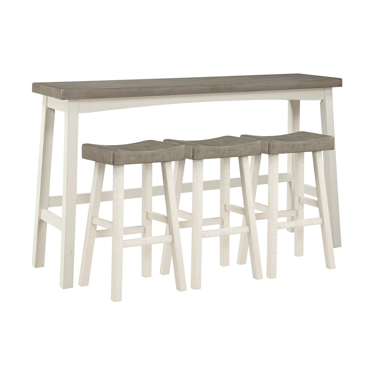 Maz Caspian Collection pub height dining set in grey and white with four chairs and a table, ideal for casual dining spaces.