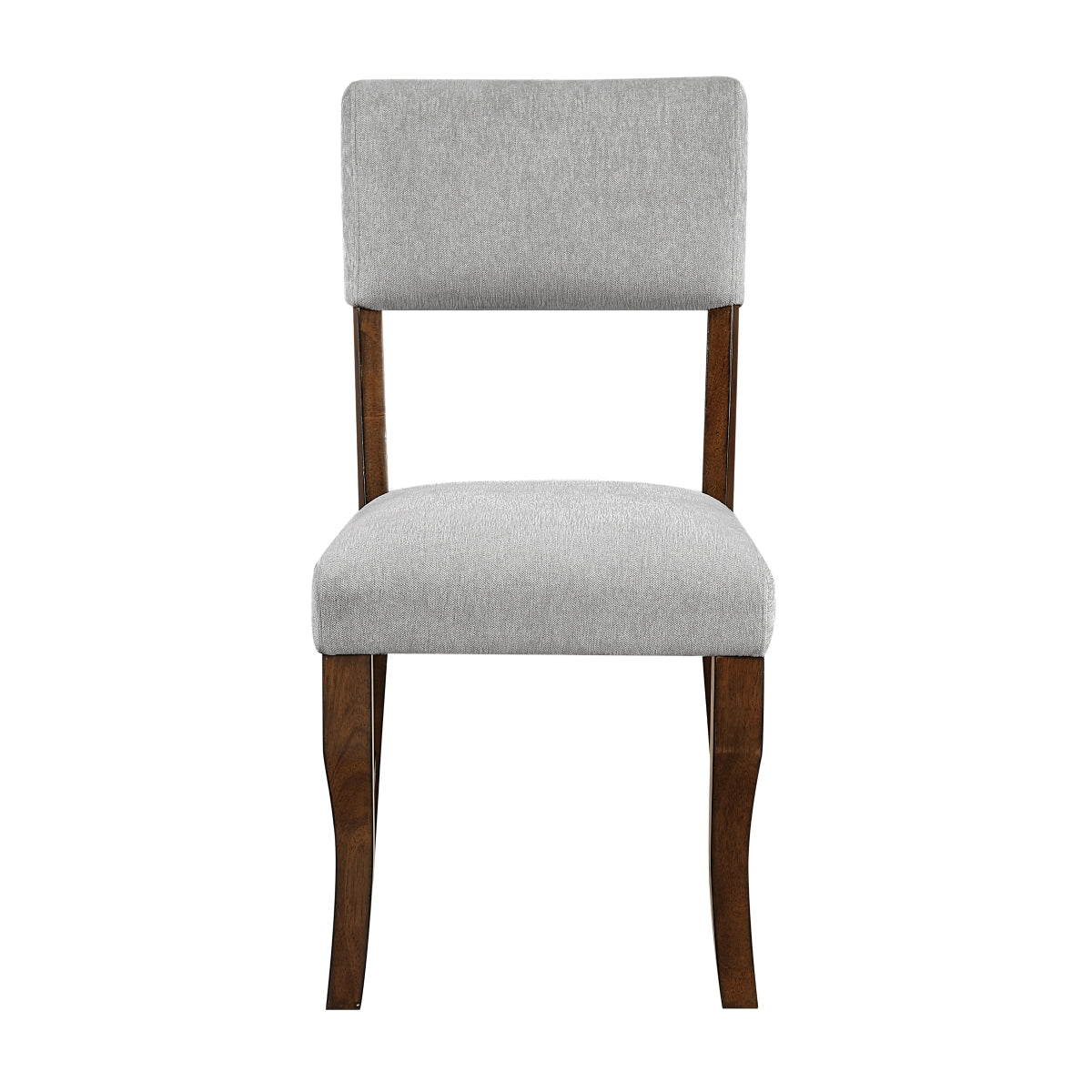 Set of two MAZ Aiden Collection gray dining chairs with sleek, modern design and wooden legs, shown from the front.