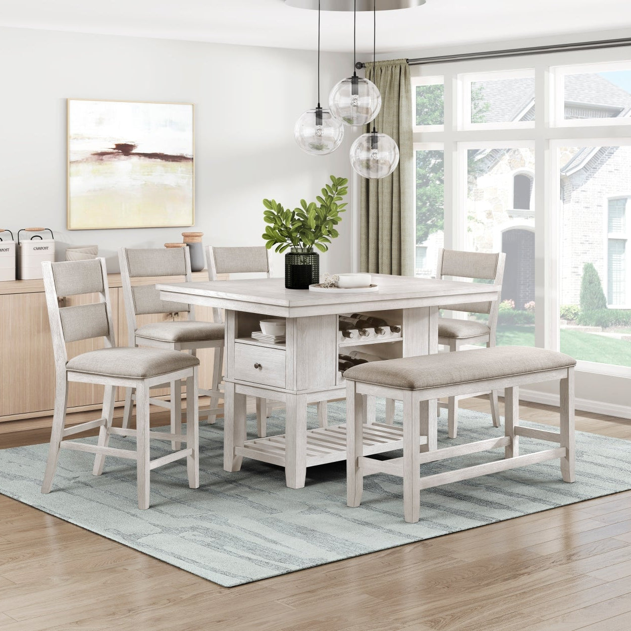 M.A.F Mason Collection 6-piece light grey counter height dining set with round table and matching chairs, modern home decor.