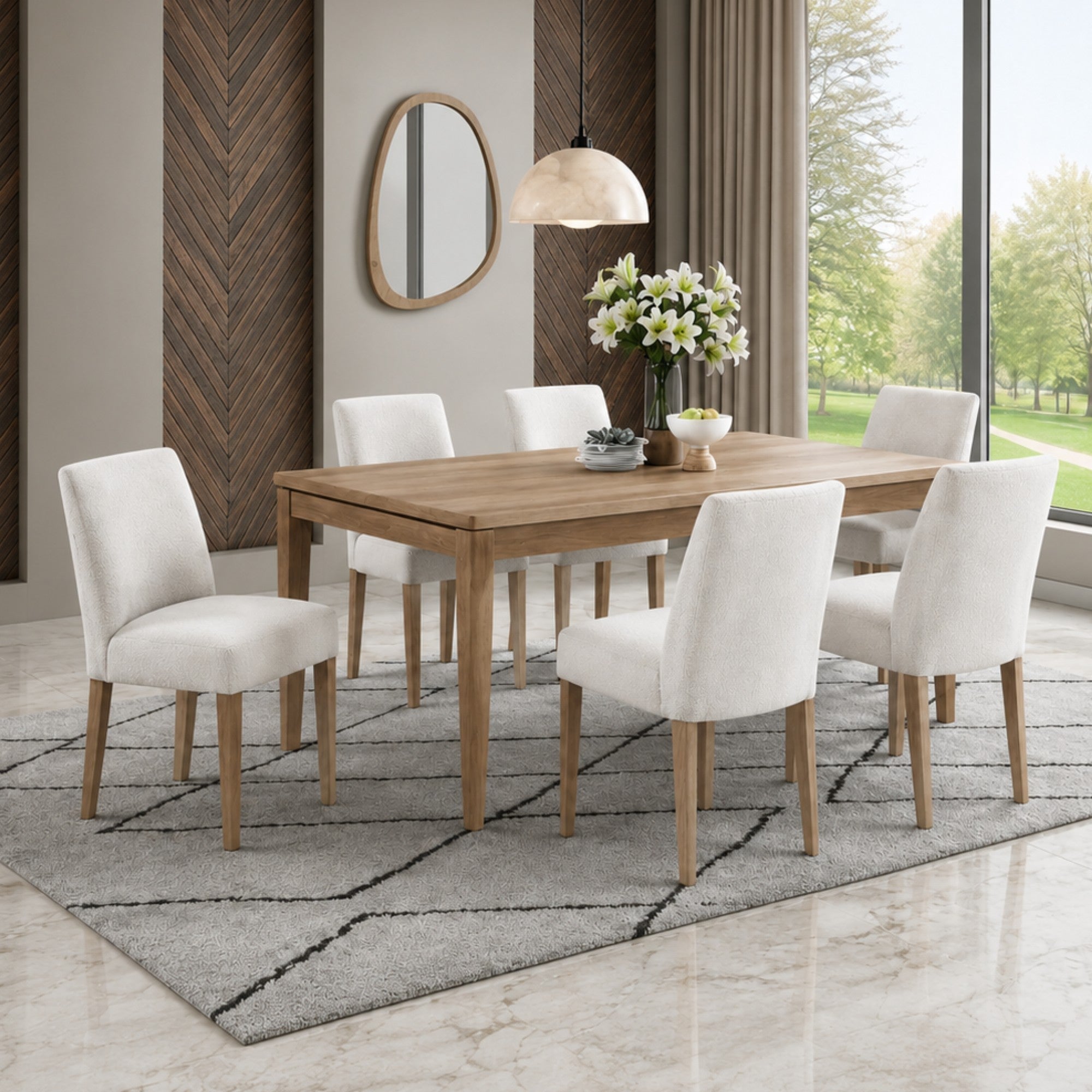 MAZ Bellwoods Dining Room Set with natural oak dining tables, showcasing their sturdy wooden surface and elegant design.