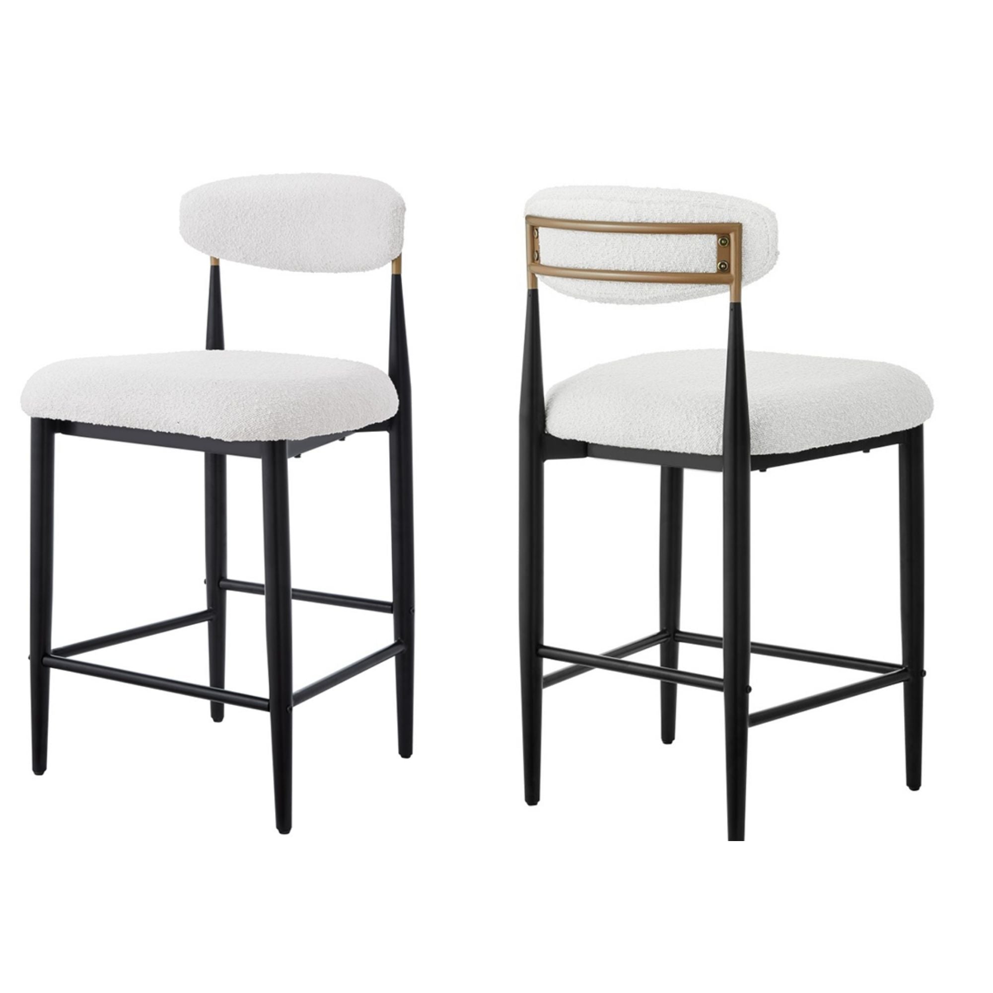 Set of two Brassex Kodi white counter bar stools with sleek modern design and wooden legs.