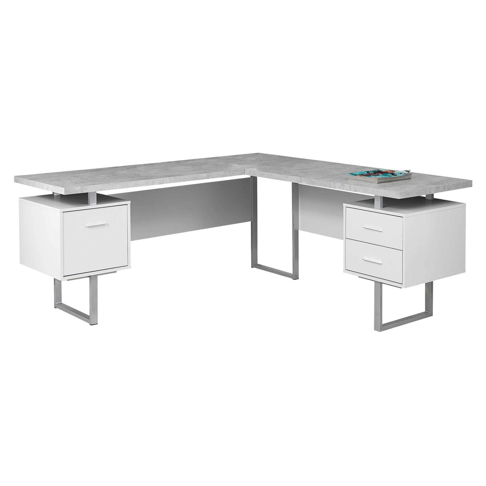 White cement Primeva 70-inch L-shaped office desk by Monarch Specialties with spacious workspace and modern design.