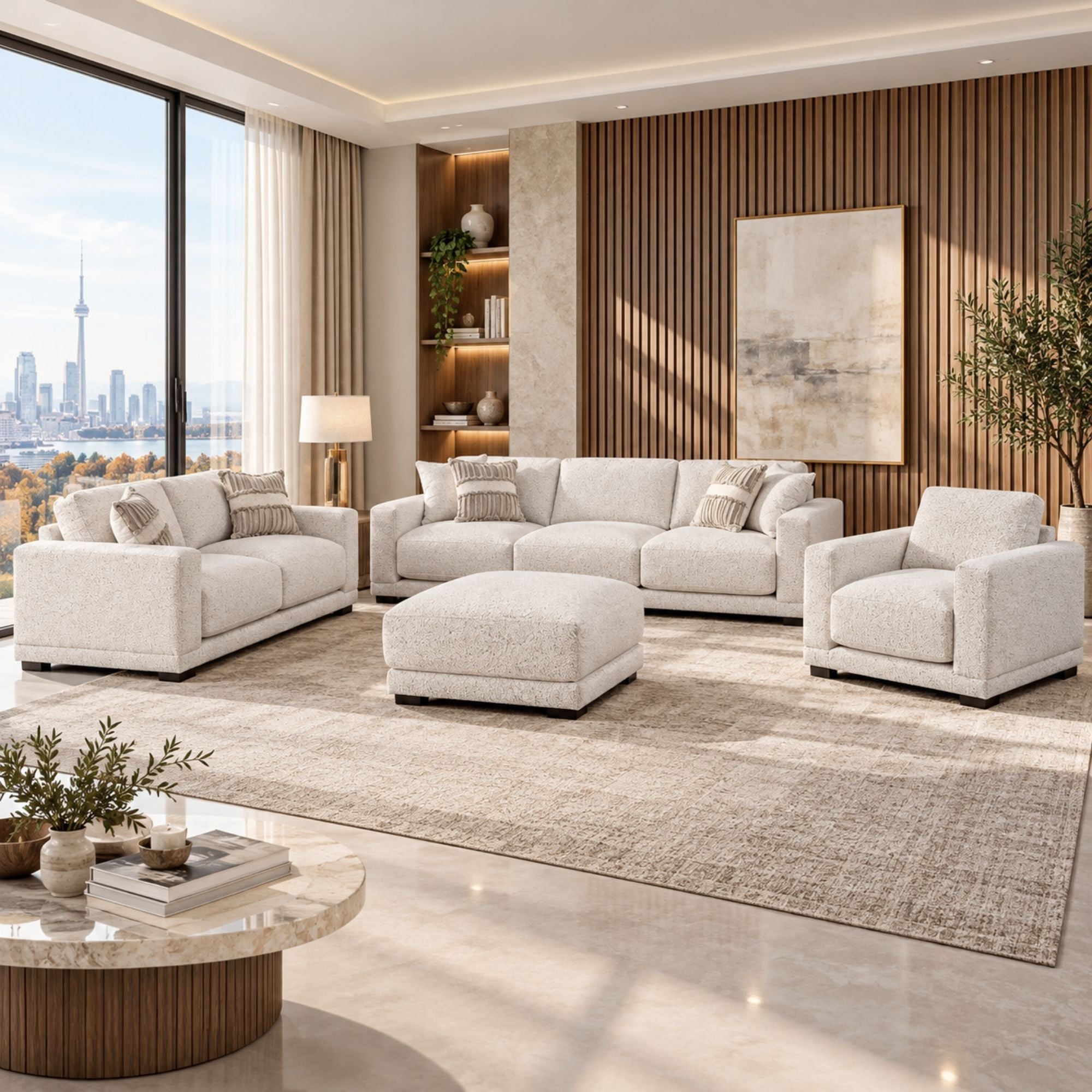 Canadian-made Talia sofa set in light brown by Sofa by Fancy, showing plush cushions and modern living room style