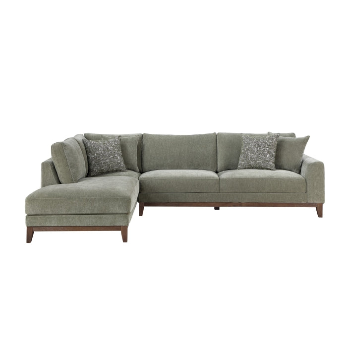 Green MAZ chenille 2-piece L-shaped sectional with chaise, showing the front view of the stylish, cozy living room furniture.