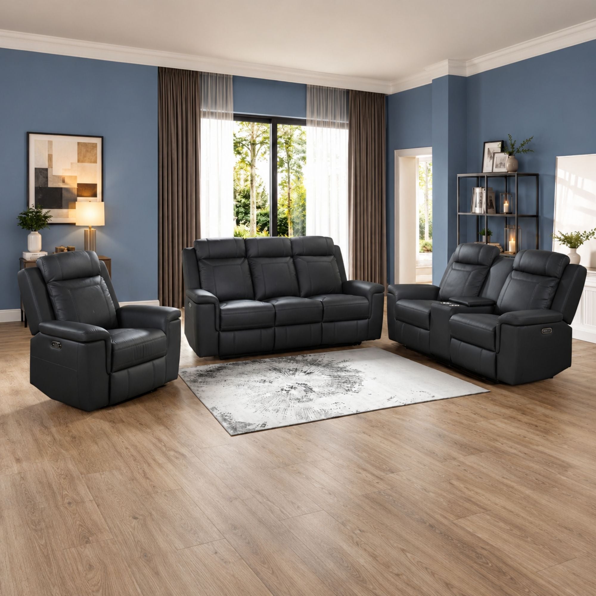 Black MAZ Nest Dual Power Leather Reclining Sofa Set with plush cushions and modern design, perfect for comfortable living rooms.