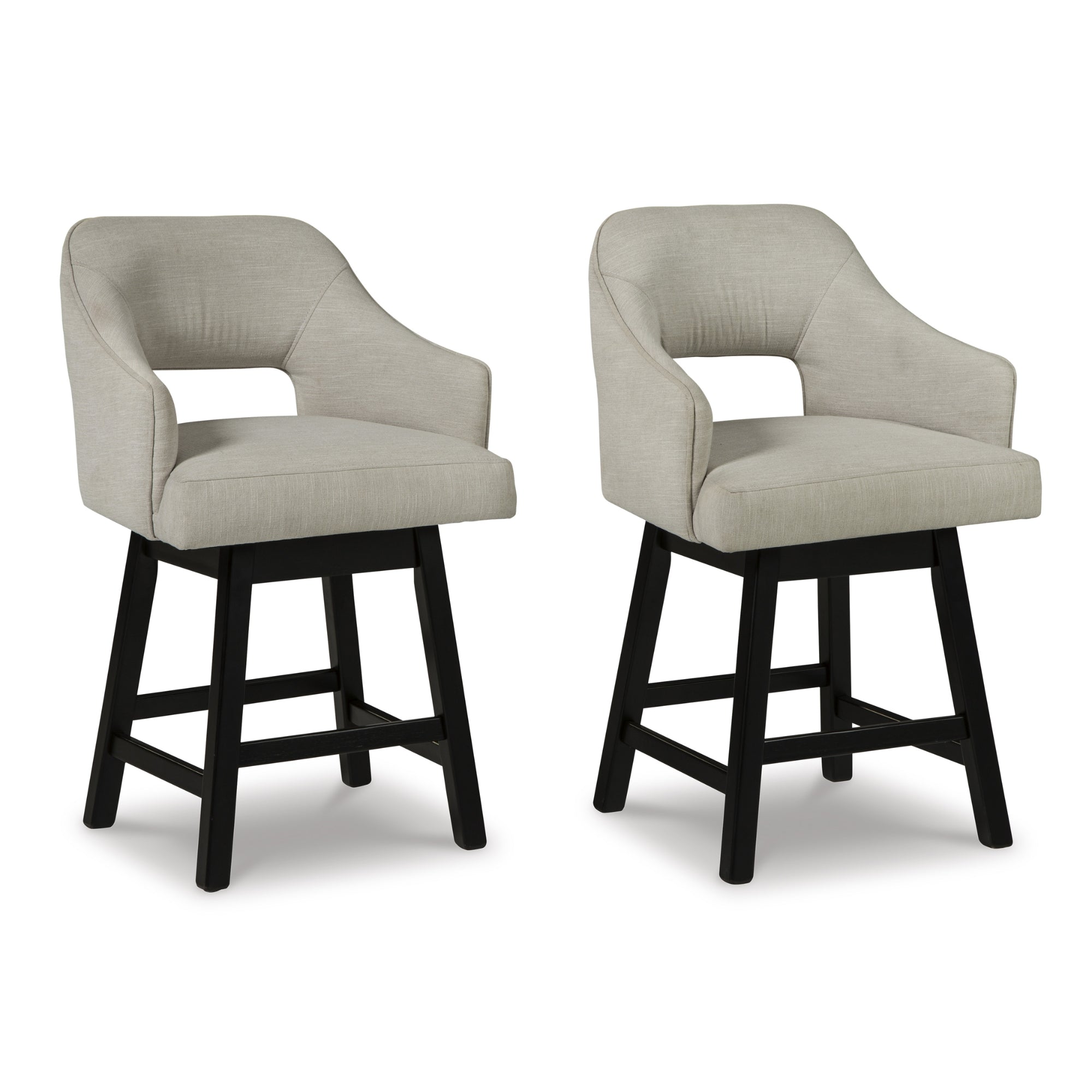 Set of two Tallenger UPH swivel barstools by Signature Ashley with linen seats and dark brown finish, featuring a modern design.