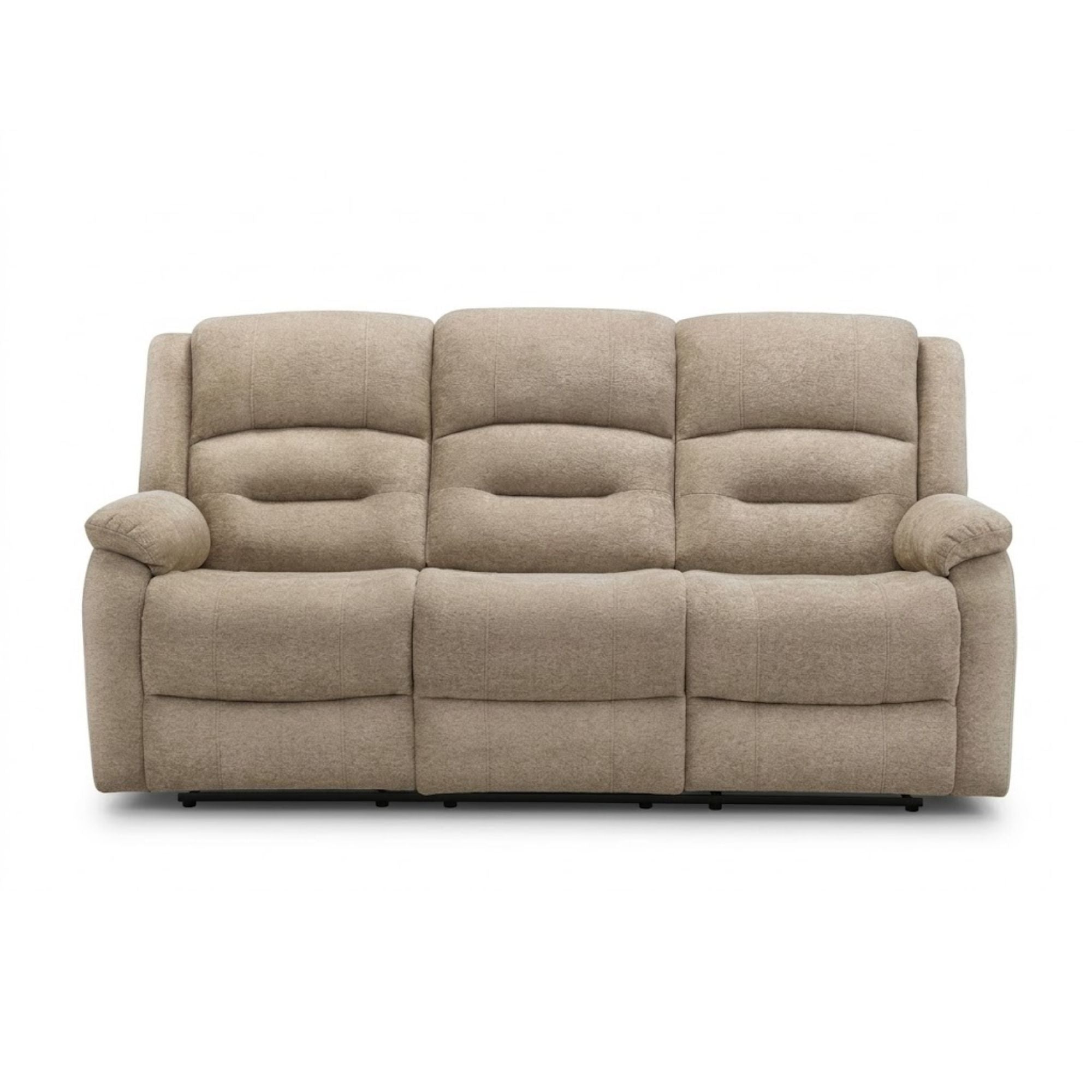 Beige Monarch Specialties CloudRest 3-seater power reclining sofa with built-in USB ports, showcasing plush cushions and reclining feature.