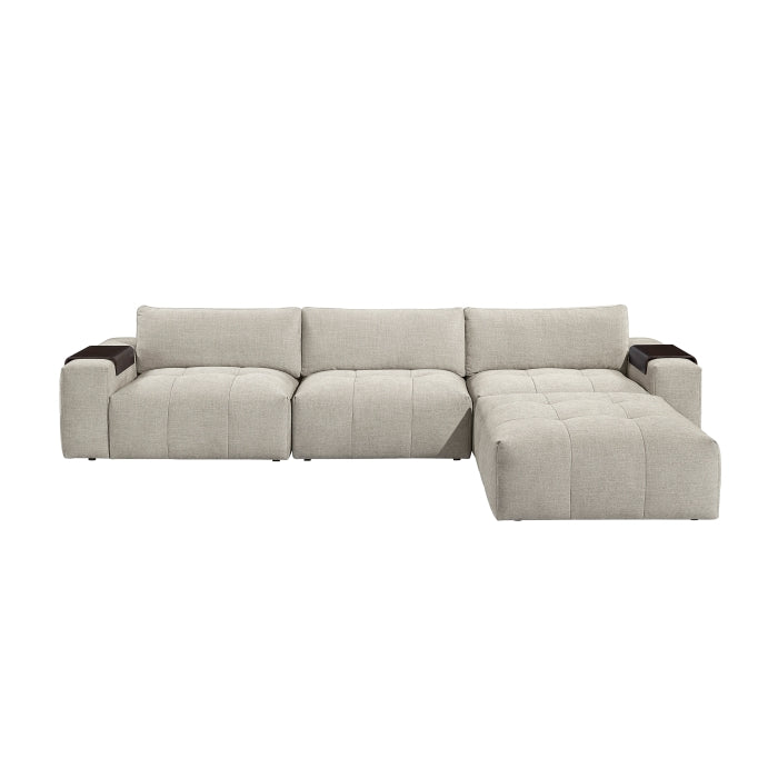 MAZ Tidal 4-piece modular sectional sofa with ottoman in taupe, showing the front view with soft fabric upholstery and modern design.
