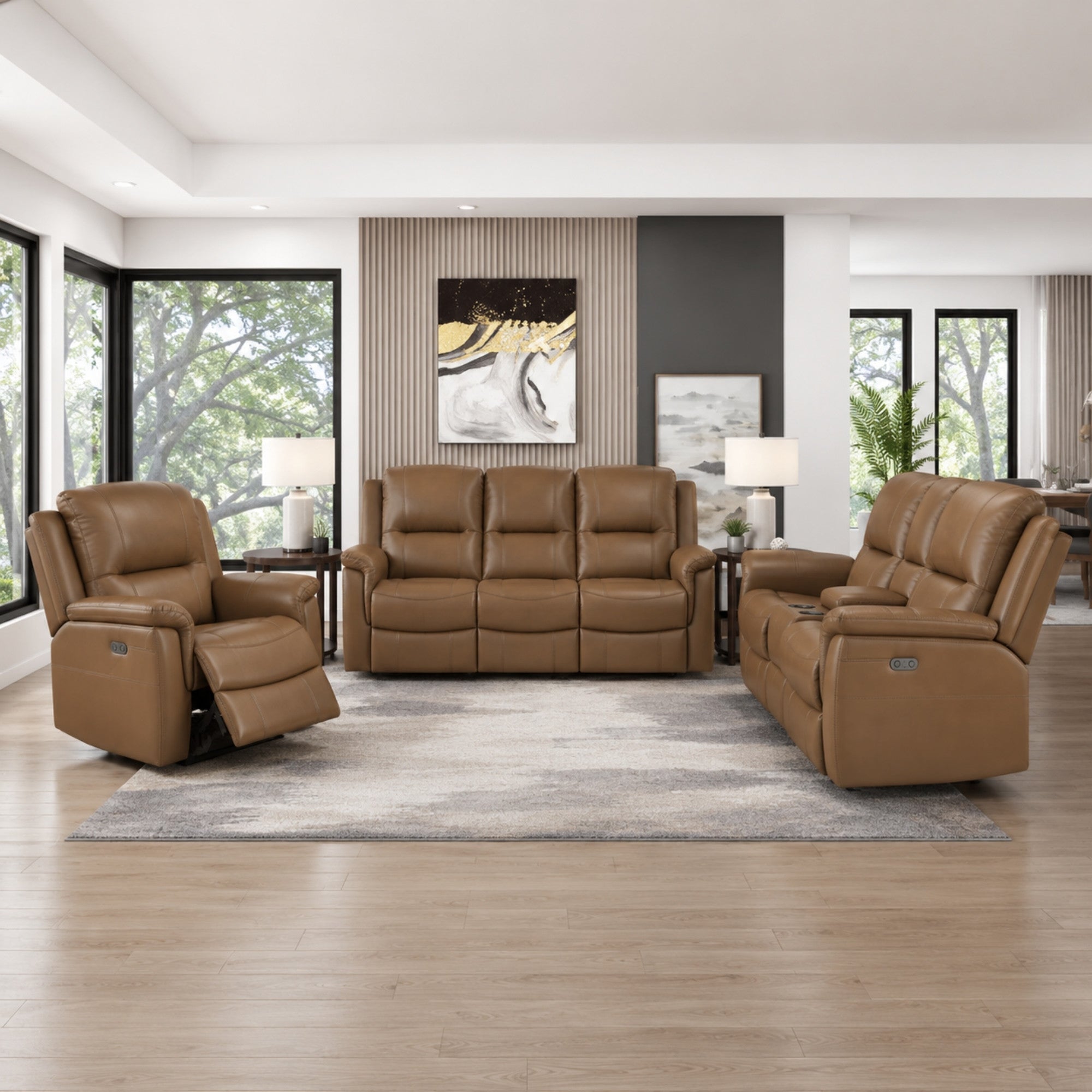 Haven Collection Power Leather Reclining Sofa Set in Brown