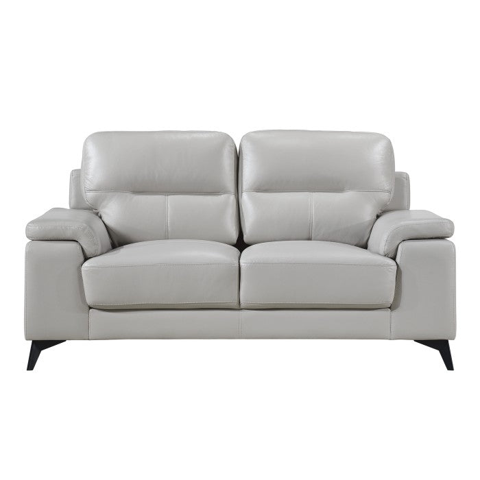 Light grey Mischa leather loveseat by Mazin Furniture, showing a modern, plush two-seater with smooth leather upholstery and sleek design.