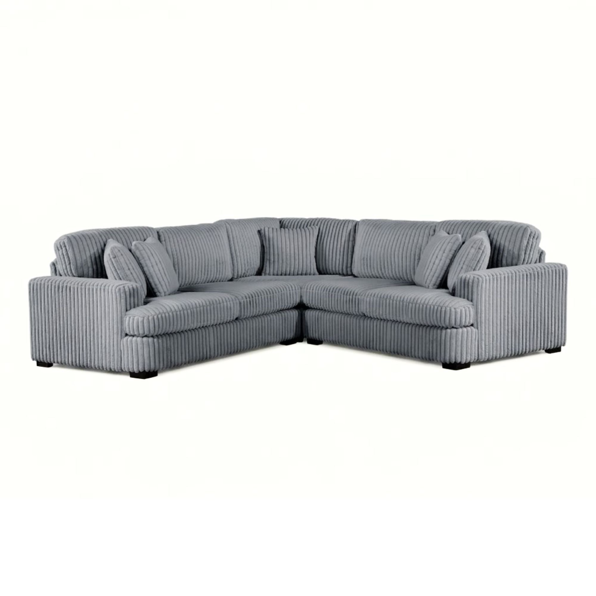 MAZ Warwick 3-piece grey sectional sofa with plush cushions and modern design, shown in a stylish living room setting.