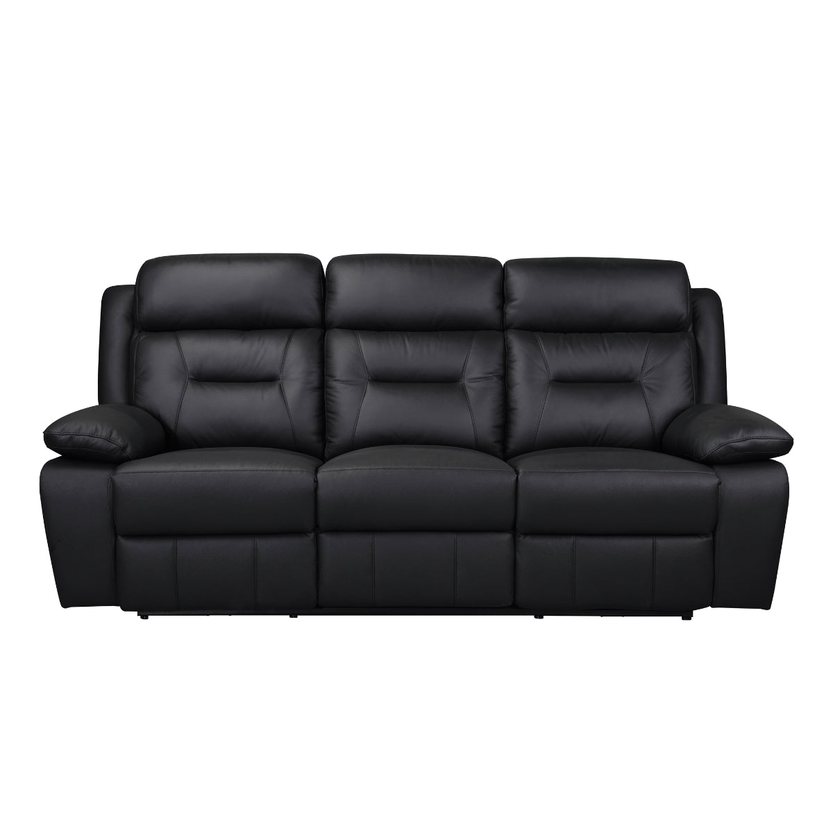 Black MAZ Laconia Collection Power Leather Reclining Sofa with plush cushions, shown from the front in a closed, non-background view.