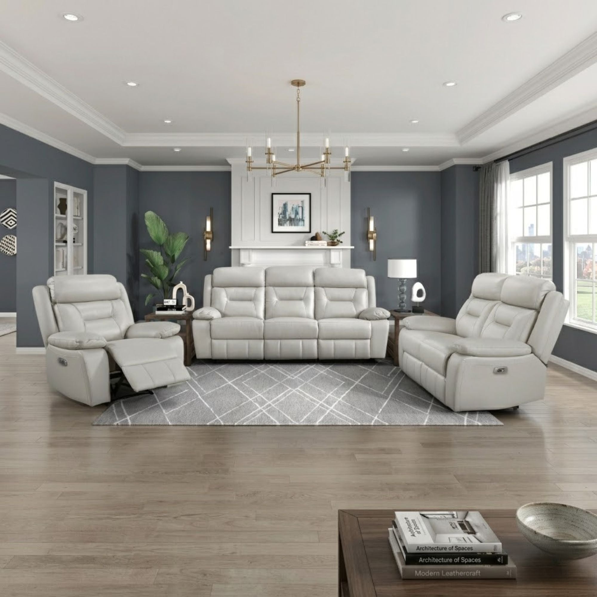 MAZ Laconia Collection power reclining sofa set in off-white upholstery, featuring plush cushions and modern design.