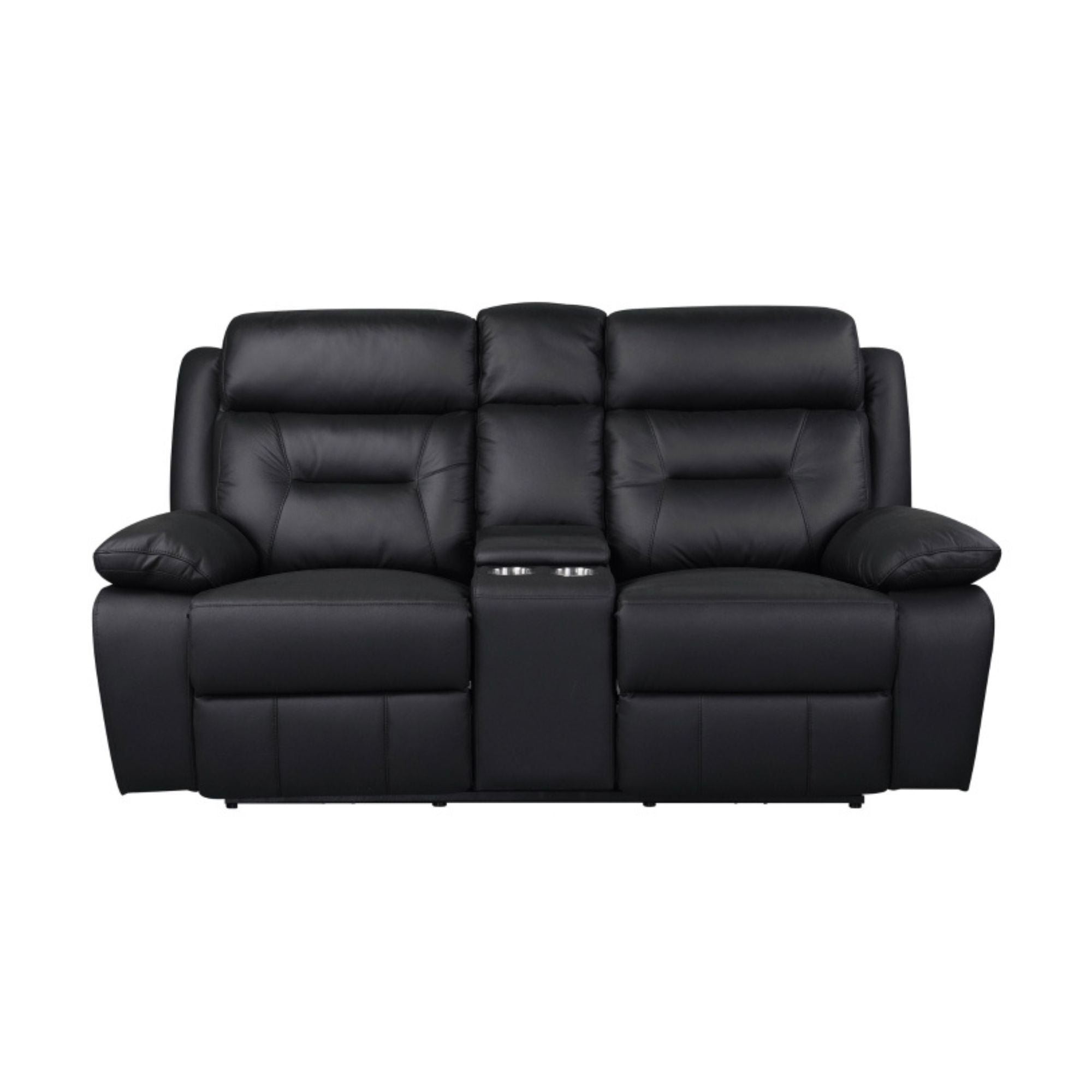 Black MAZ Laconia Collection power leather reclining sofa set with plush cushions and reclining features, shown in a modern living room.