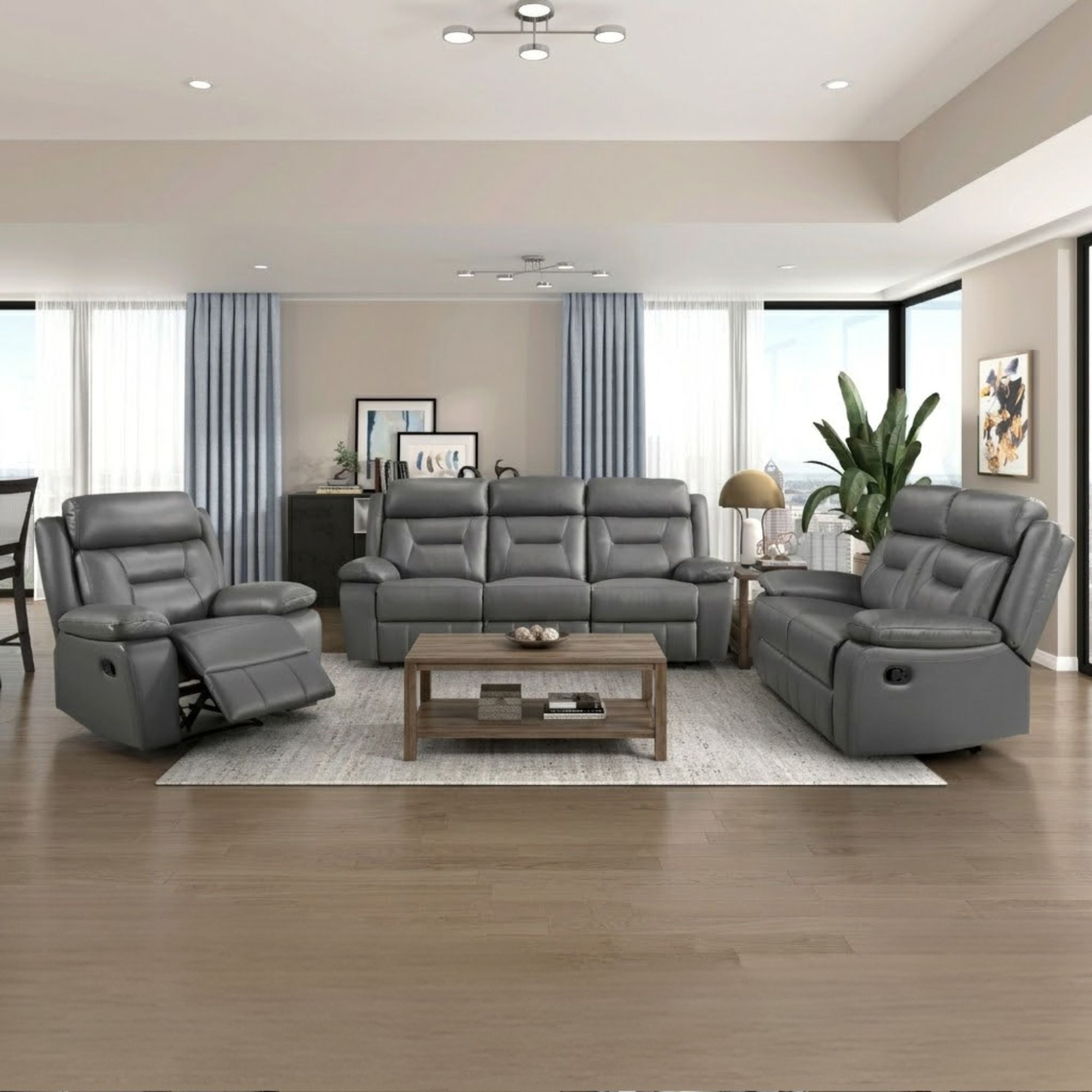 MAZ Laconia Collection 3-piece grey leather power reclining sofa set with plush cushions and modern design.