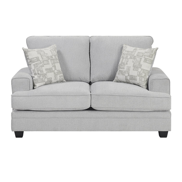 MAZ Sarah 2-seat loveseat in neutral fabric, front view showing plush cushions and stylish armrests.