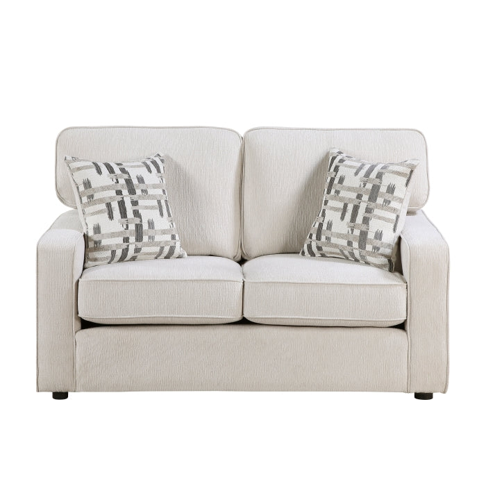 Cream-colored MAZ Frances Collection loveseat with plush upholstery and sleek design, shown from the front view.