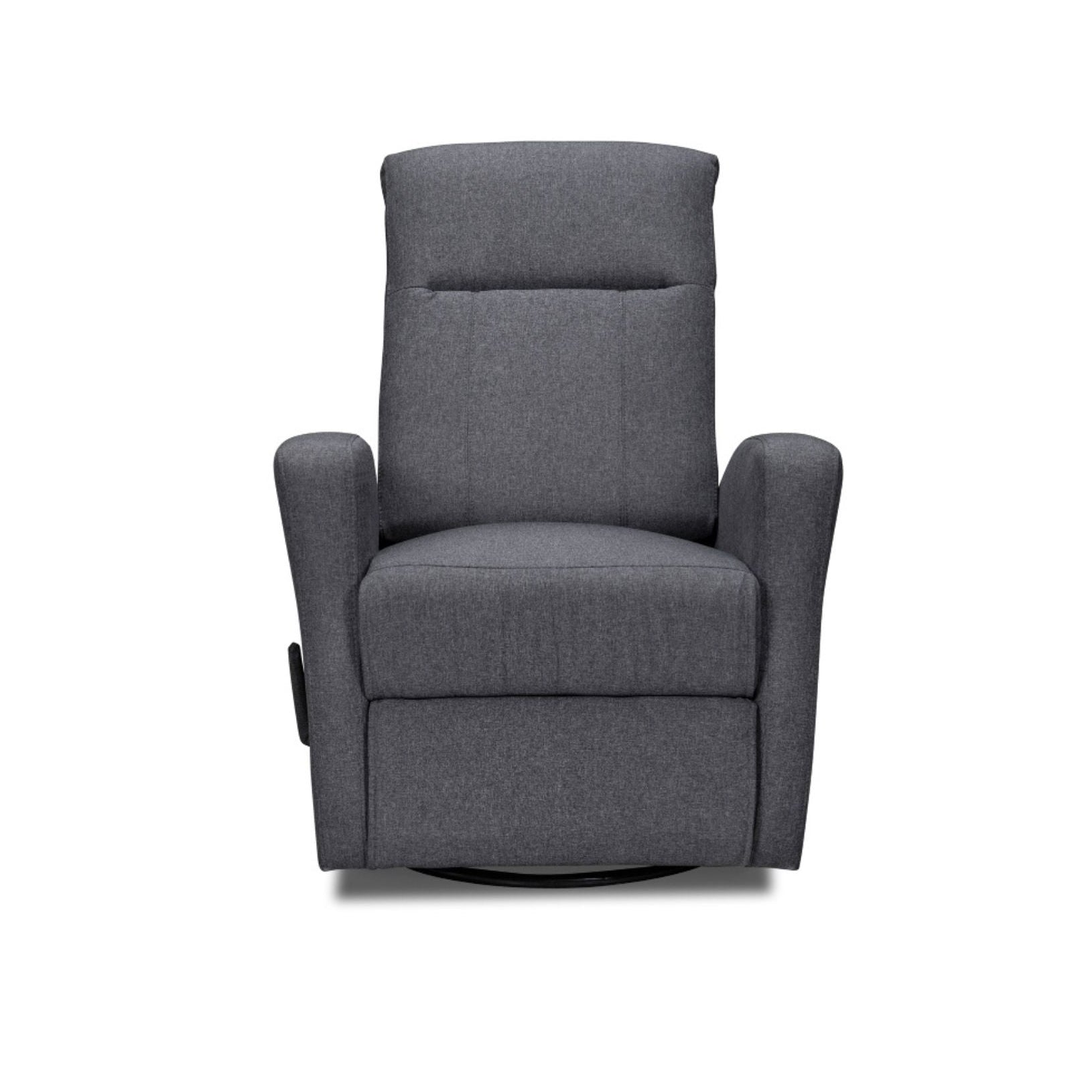 MAZ Gage swivel glider recliner chair in grey with plush upholstery and padded armrests, designed for comfort and style.