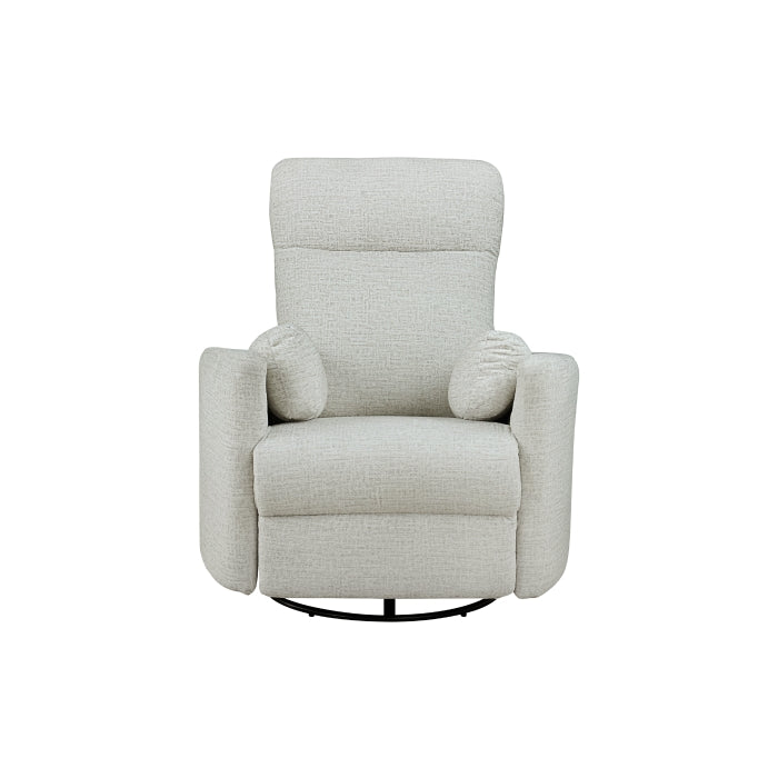 MAZ Dancy beige swivel glider recliner chair with plush upholstery and a sturdy base, shown from the front with the reclined position.