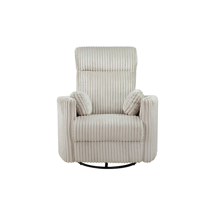 MAZ Dancy ivory swivel glider recliner chair with plush upholstery and a sturdy base, shown from the front with the reclined position.