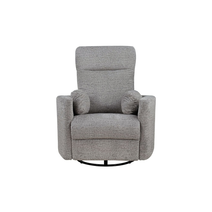 MAZ Dancy Taupe Swivel Glider Recliner chair with plush upholstery and armrests, shown from the front with reclined position.