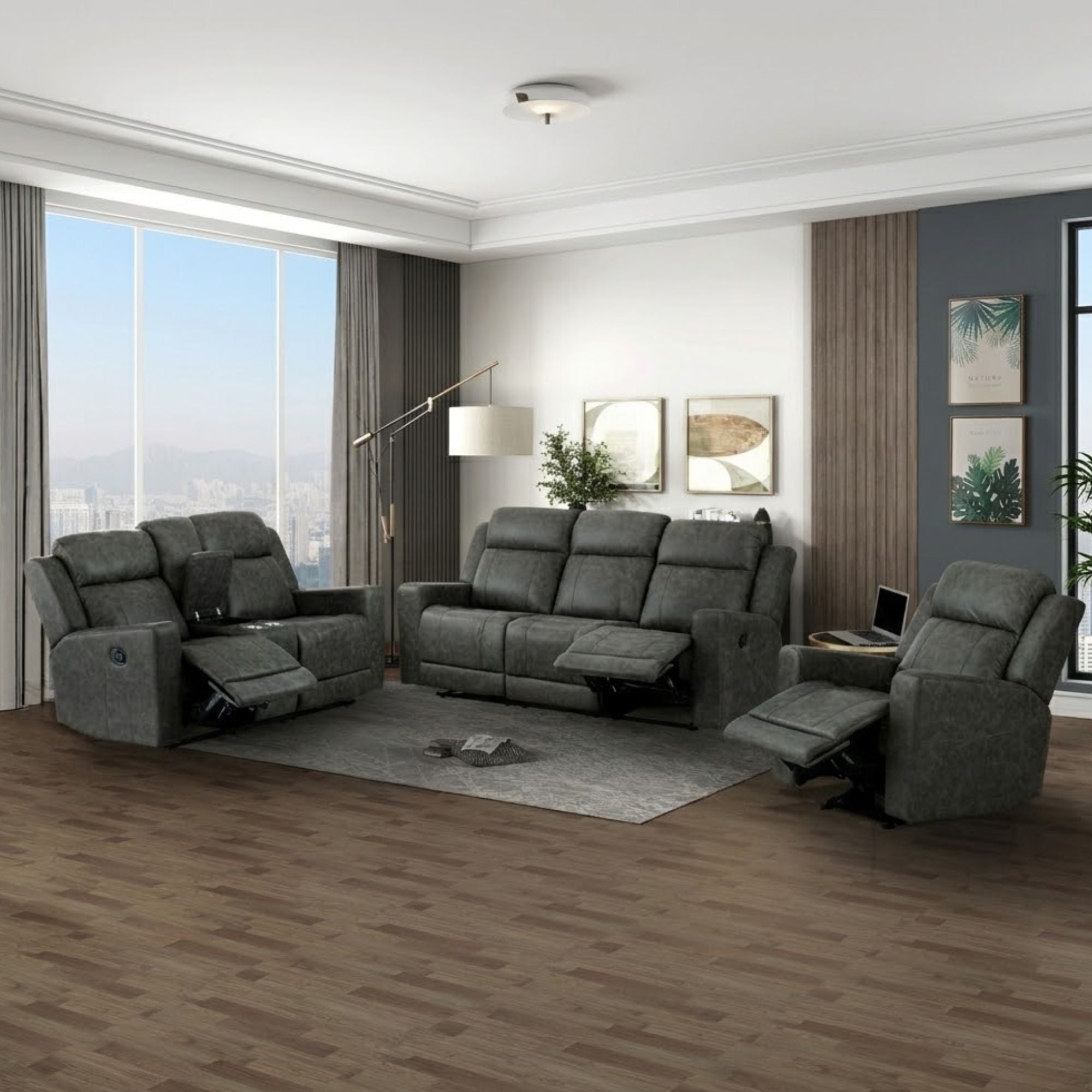 Charcoal MAZ Genji reclining sofa set with plush cushions and modern design, ideal for comfortable living room seating.