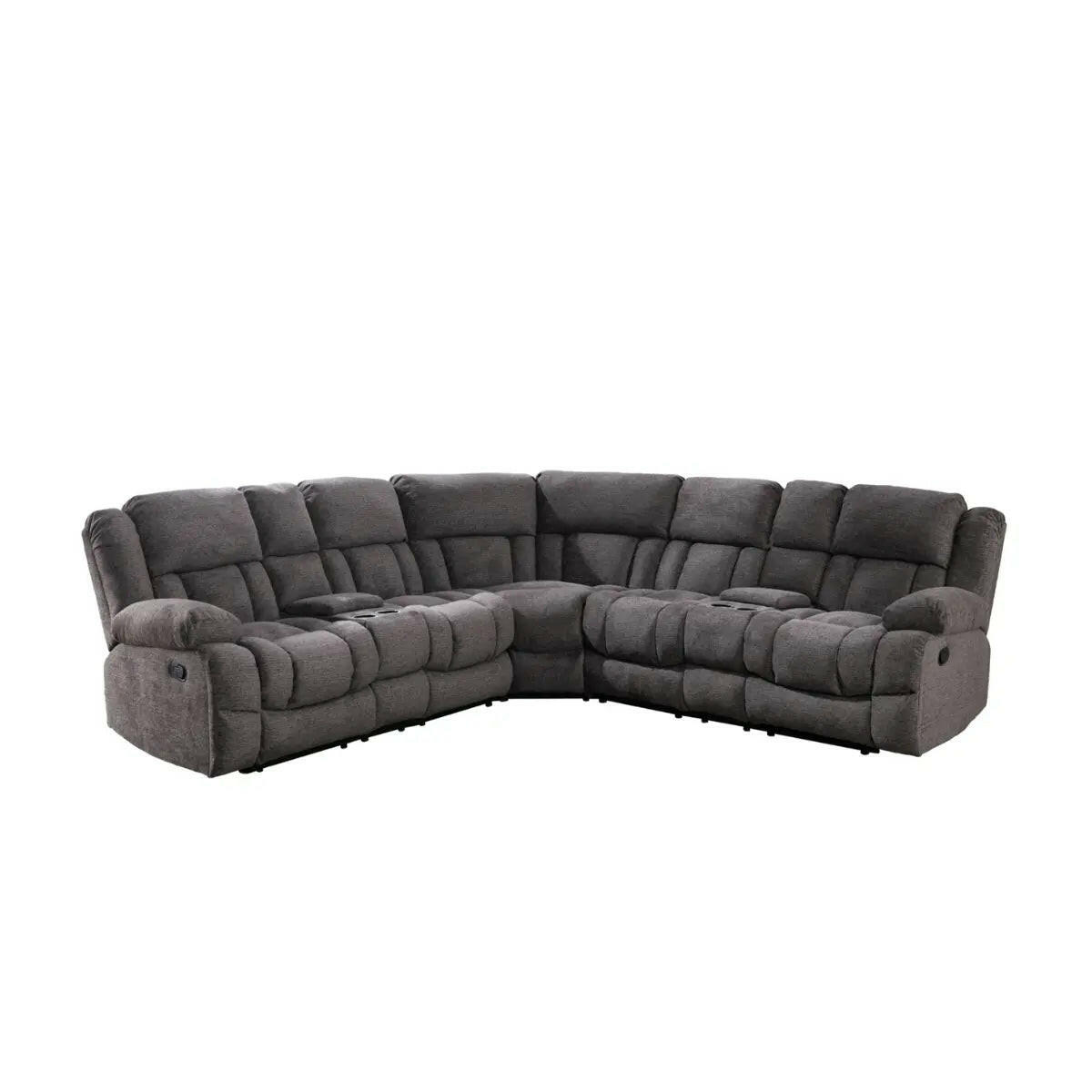 Gray MAZ Presley 3-piece power recliner sectional with modular design, featuring plush cushions and adjustable reclining seats.