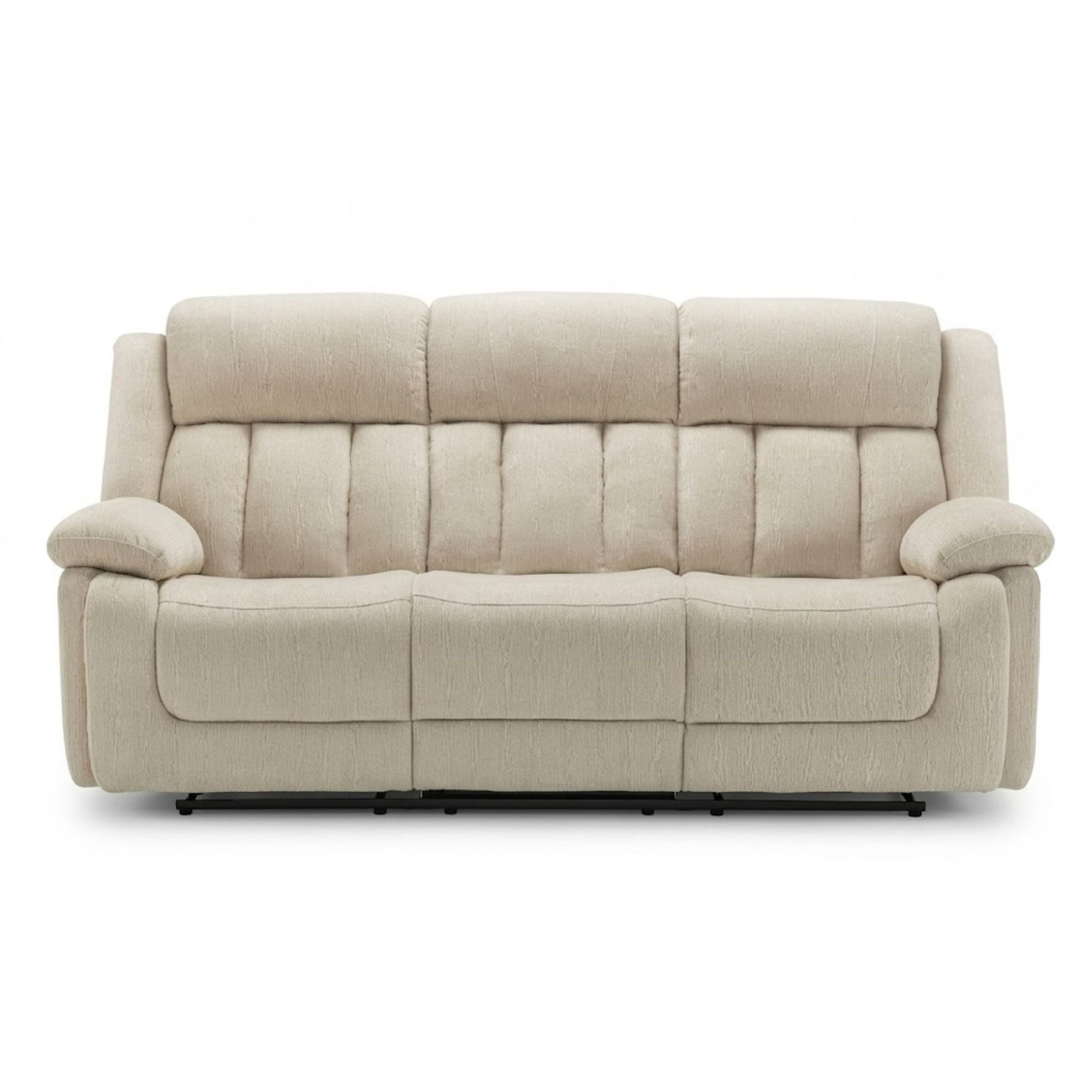Beige Monarch Specialties Royale Comfort Power Recliner Sofa with USB port, showing plush cushions and modern design.