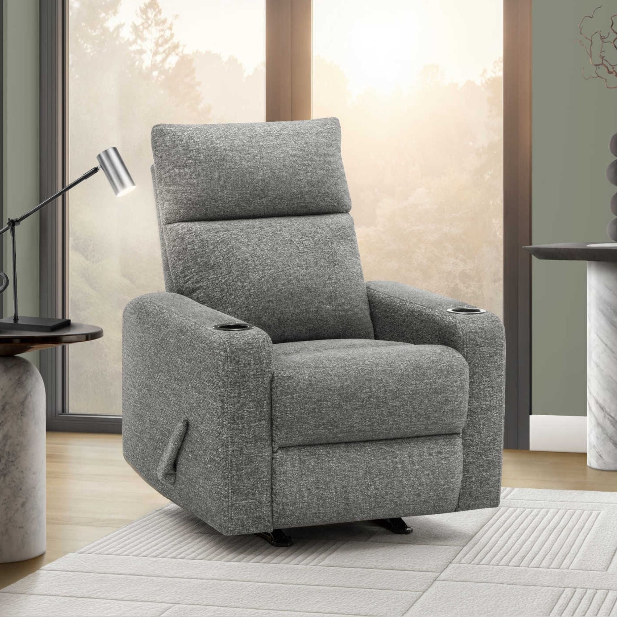 Grey Arden rocker reclining chair with built-in cupholders, featuring plush upholstery and a comfortable design by Monarch Specialties.
