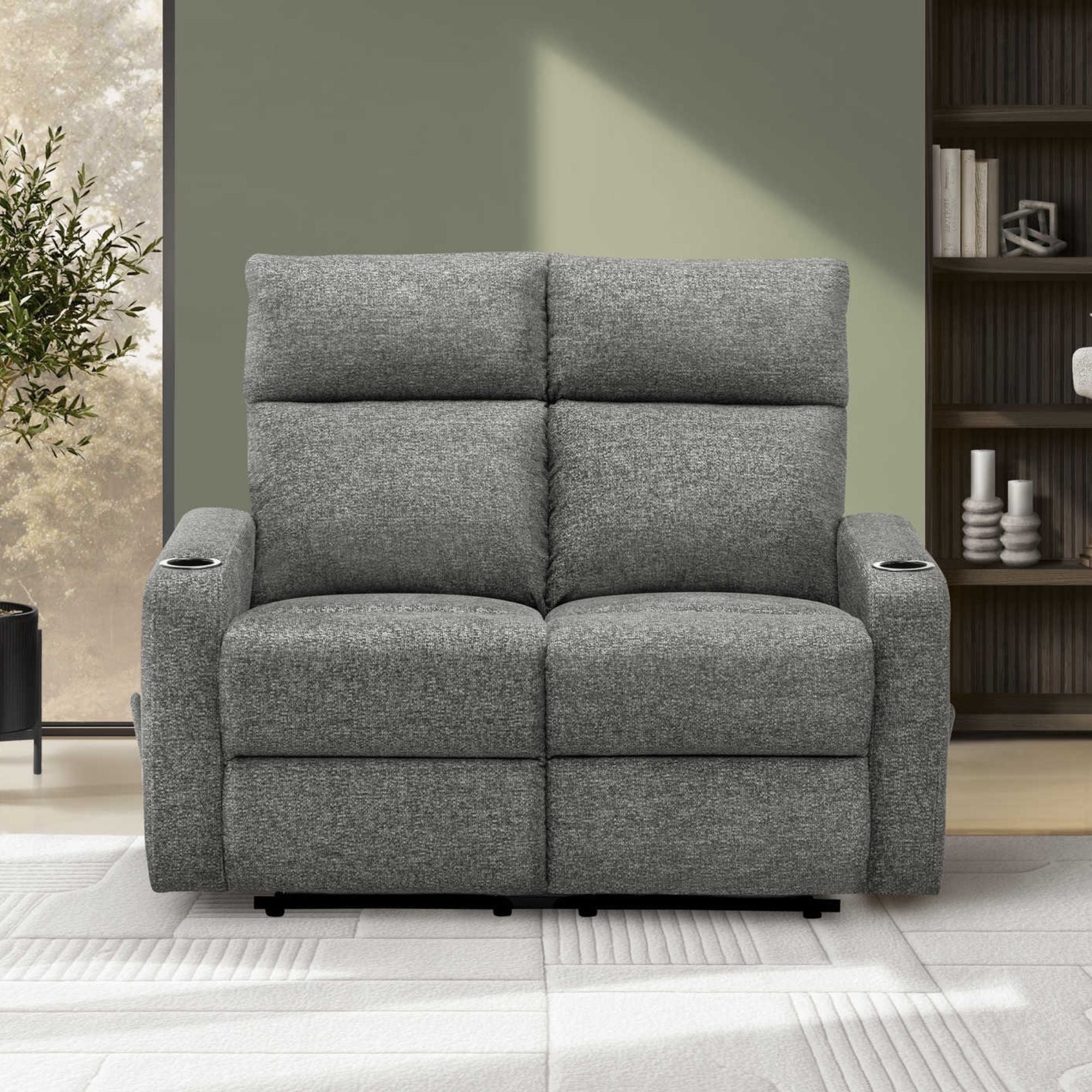 Grey Monarch Specialties Arden reclining loveseat with built-in cupholders, showcasing plush fabric and comfortable armrests.