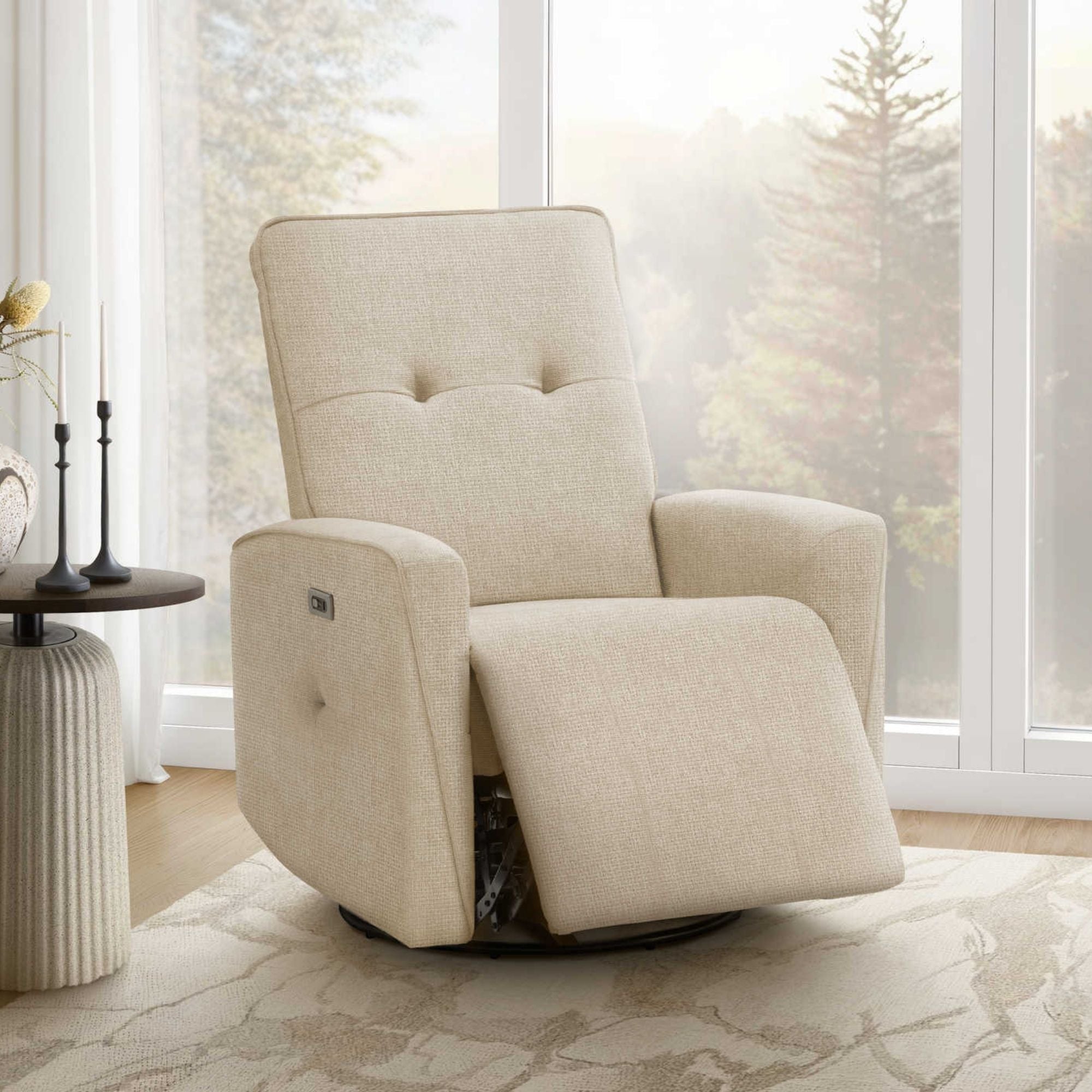 Beige Monarch Specialties Vanta Power Reclining Chair with USB port, showcasing plush upholstery and modern design.