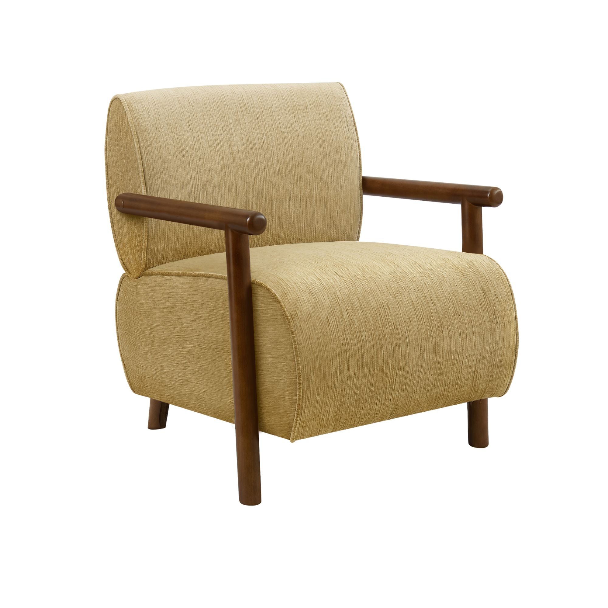 Light gold fabric accent chair with walnut wood legs by Monarch Specialties, showcasing a modern, stylish design.