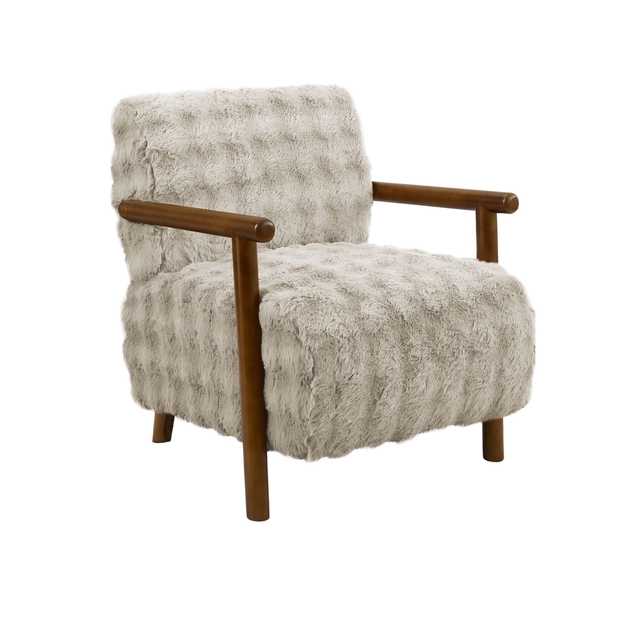 Light grey faux fur accent chair with walnut wood legs by Monarch Specialties, showcasing plush upholstery and stylish design.