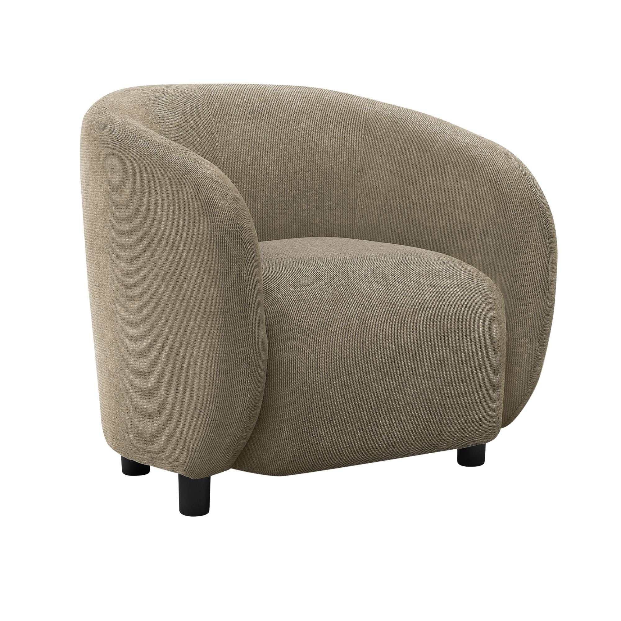 Light brown fabric barrel accent chair by Monarch Specialties, 30-inch height, stylish seating with curved design and comfortable upholstery.